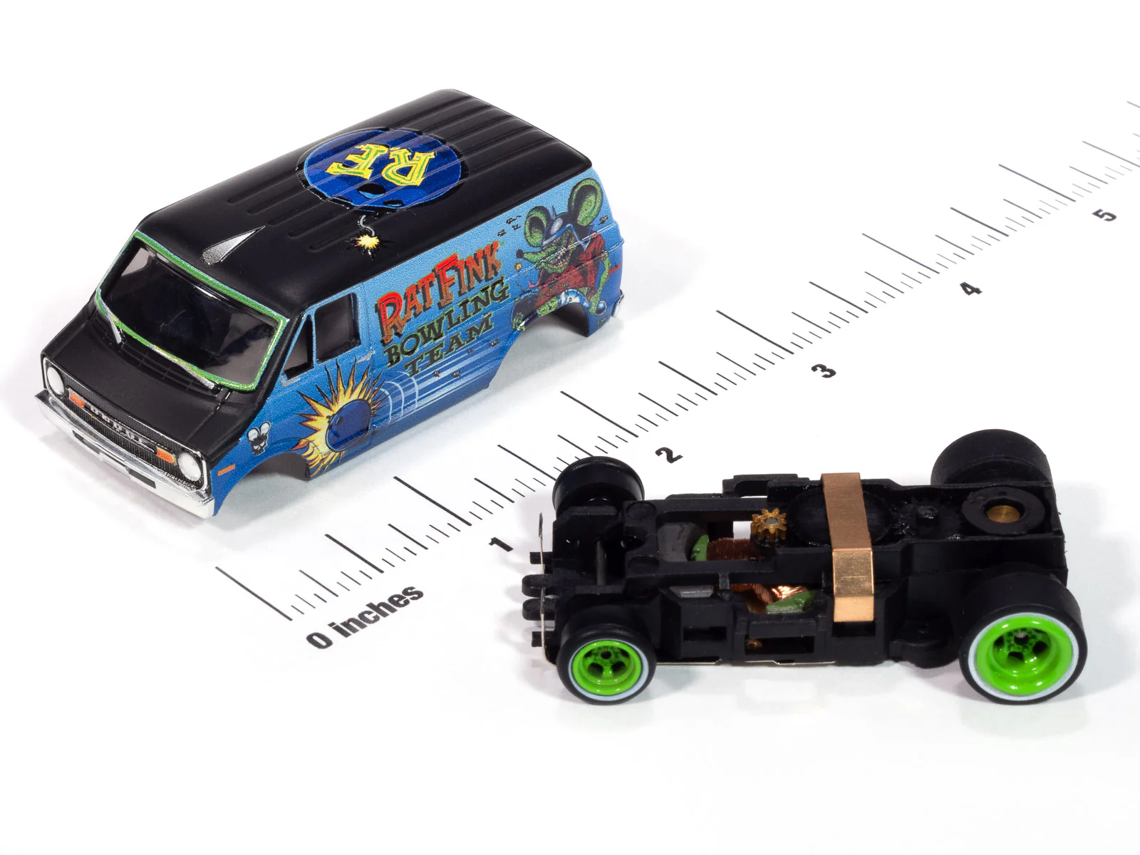 Auto World 4Gear 1977 Dodge Van Rat Fink Flat (Flat Black & Blue) HO Scale Slot Car - Image 3