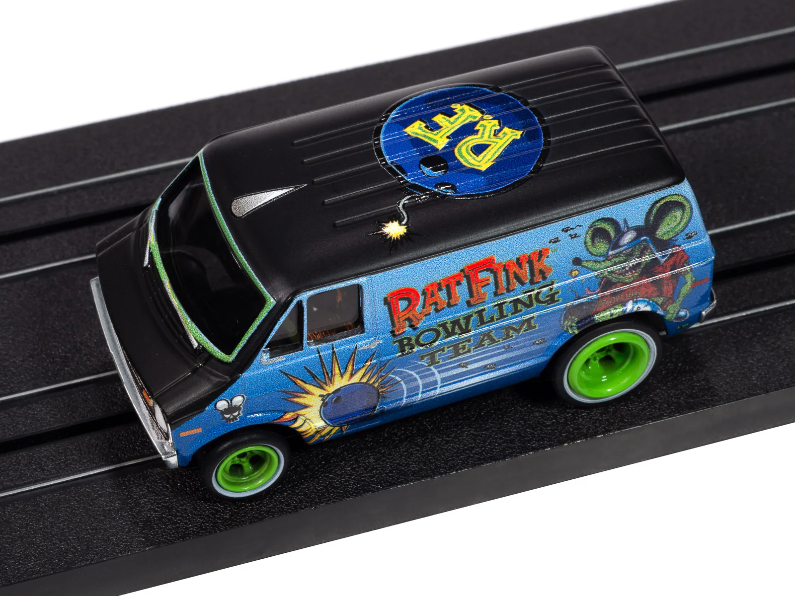 Auto World 4Gear 1977 Dodge Van Rat Fink Flat (Flat Black & Blue) HO Scale Slot Car - Image 4