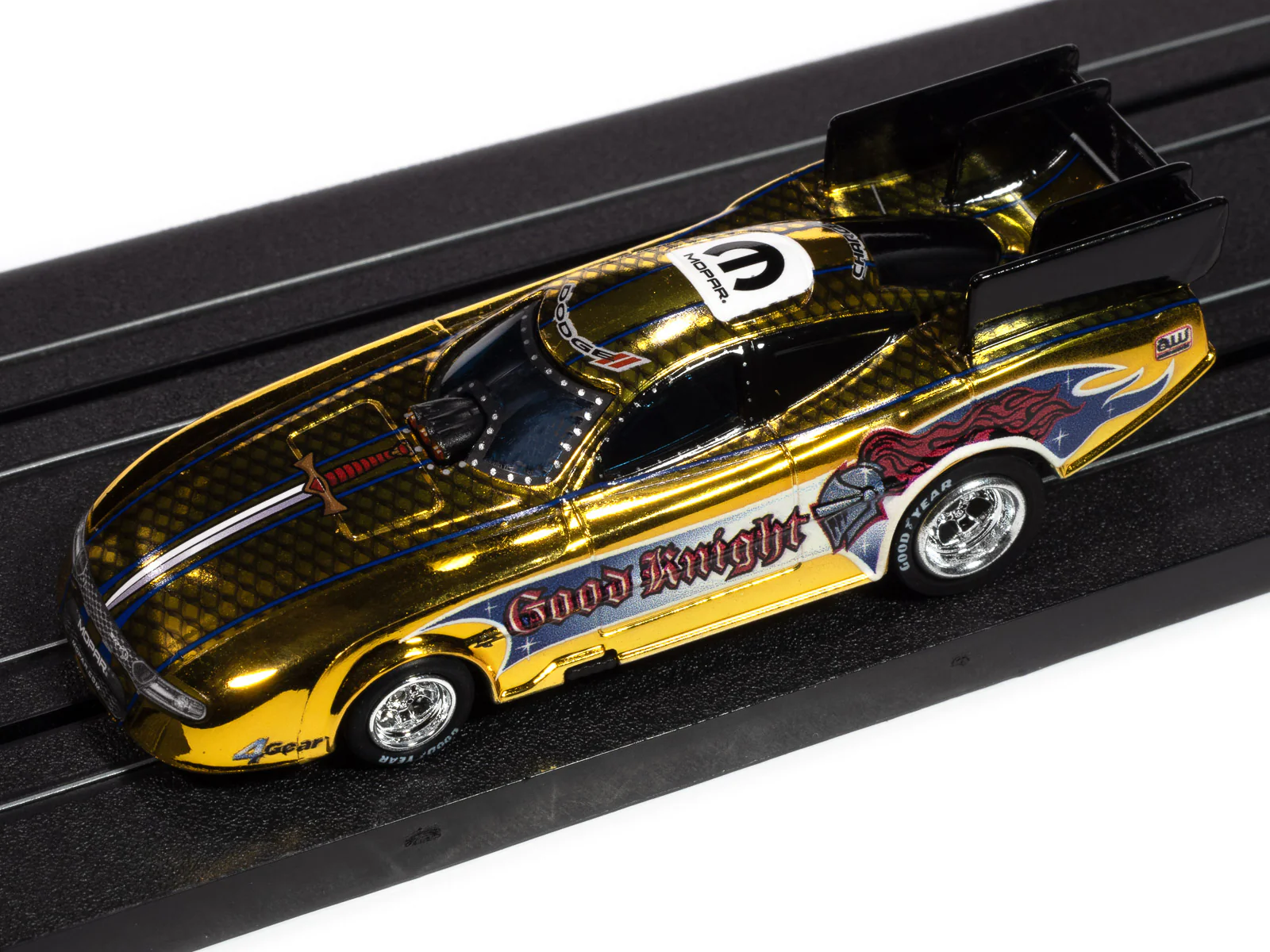 Auto World 4Gear 2022 Dodge Charger Good Knight FC (Gold Chrome, Black, Blue & Red) HO Scale Slot Car - Image 4