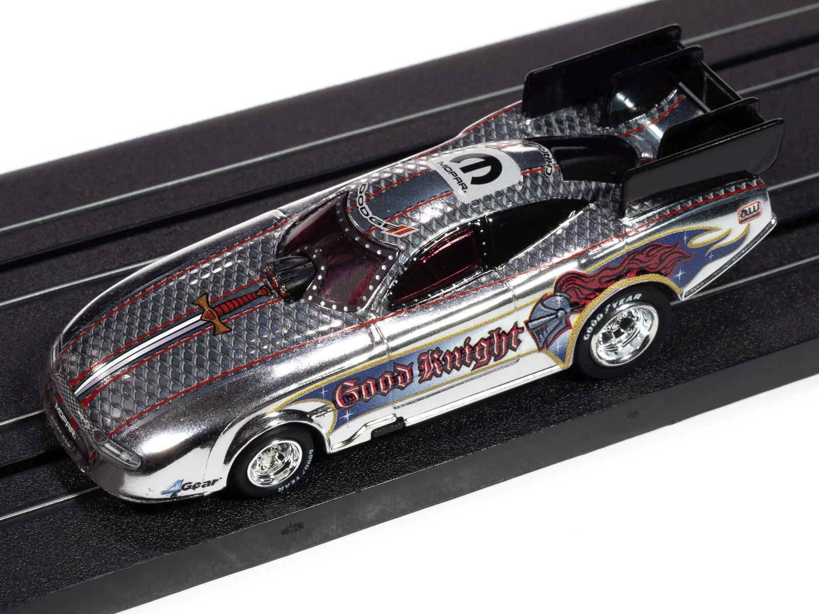 Auto World 4Gear 2022 Dodge Charger Good Knight FC (Silver Chm, Black, White, Blue & Red) HO Scale Slot Car - Image 4