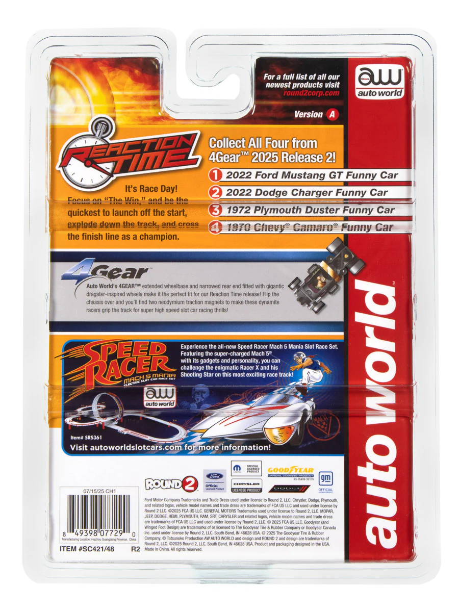 Auto World 4Gear 2022 Ford Mustang GT Wild Horses FC (Blue, Red, & Orange) HO Scale Slot Car - Image 5