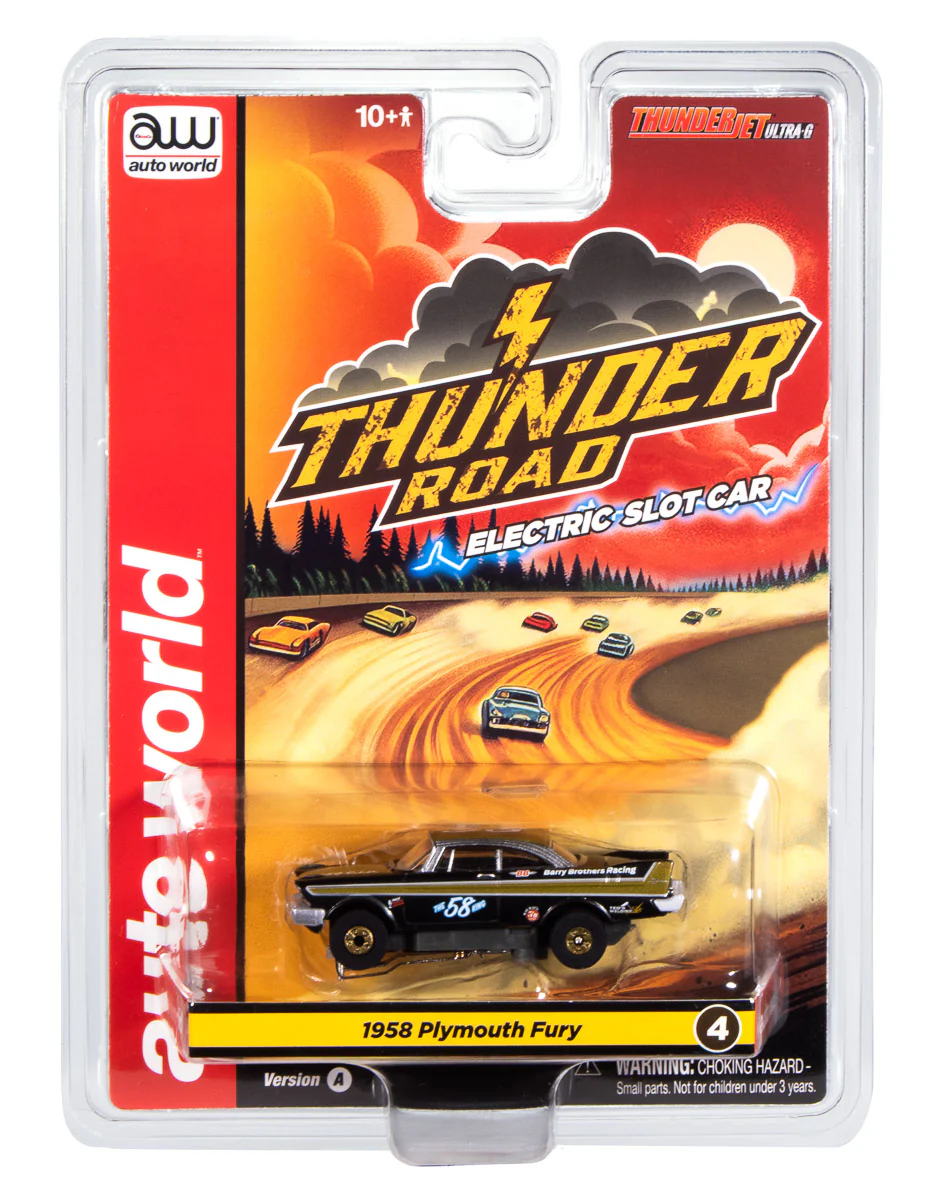 Auto World Thunderjet 1958 Plymouth Fury (Flat Black & Gold) HO Scale Slot Car