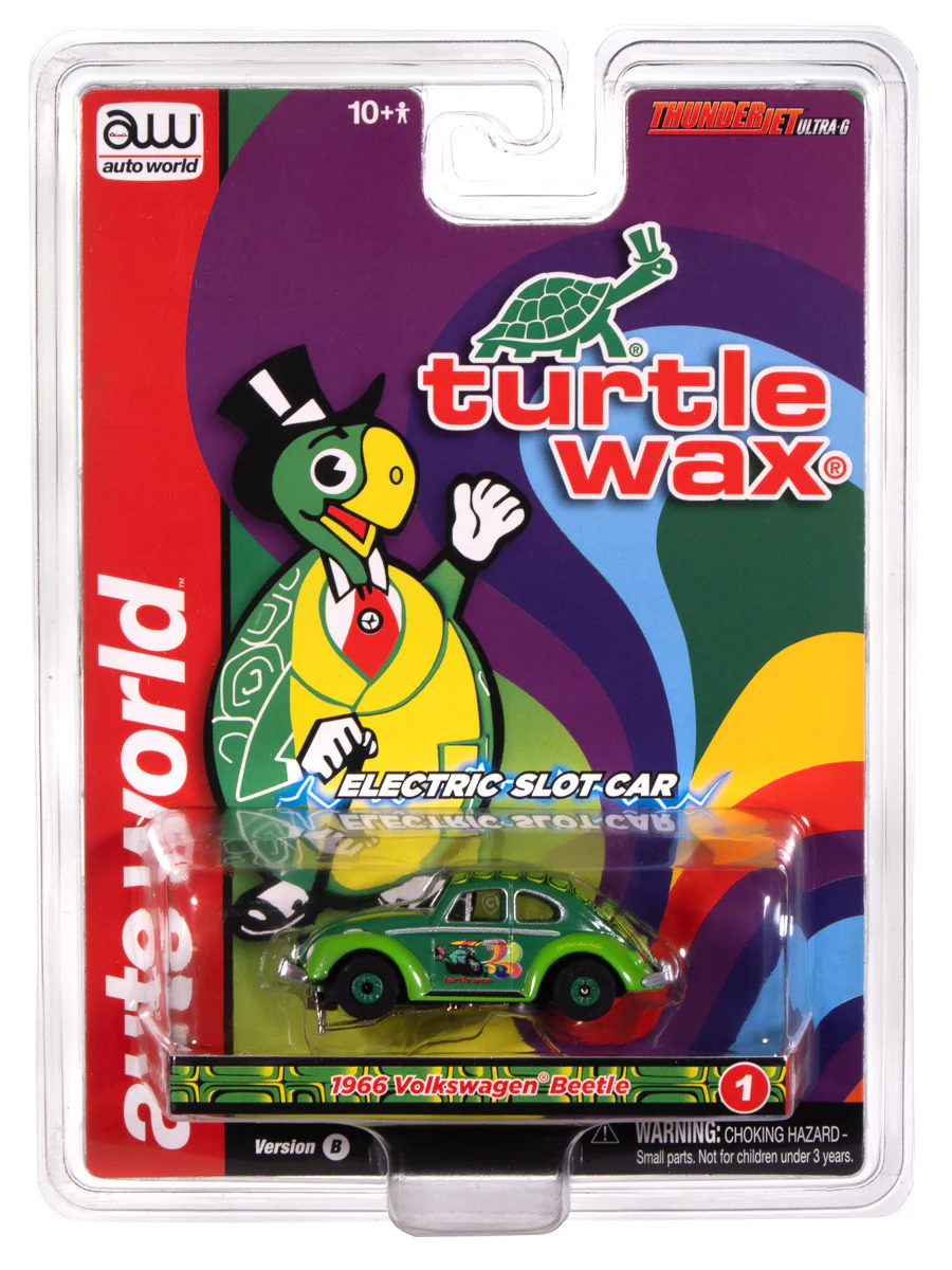Auto World Thunderjet 1966 Volkswagen Beetle Turtle Wax (Two Tone Green) HO Scale Slot Car