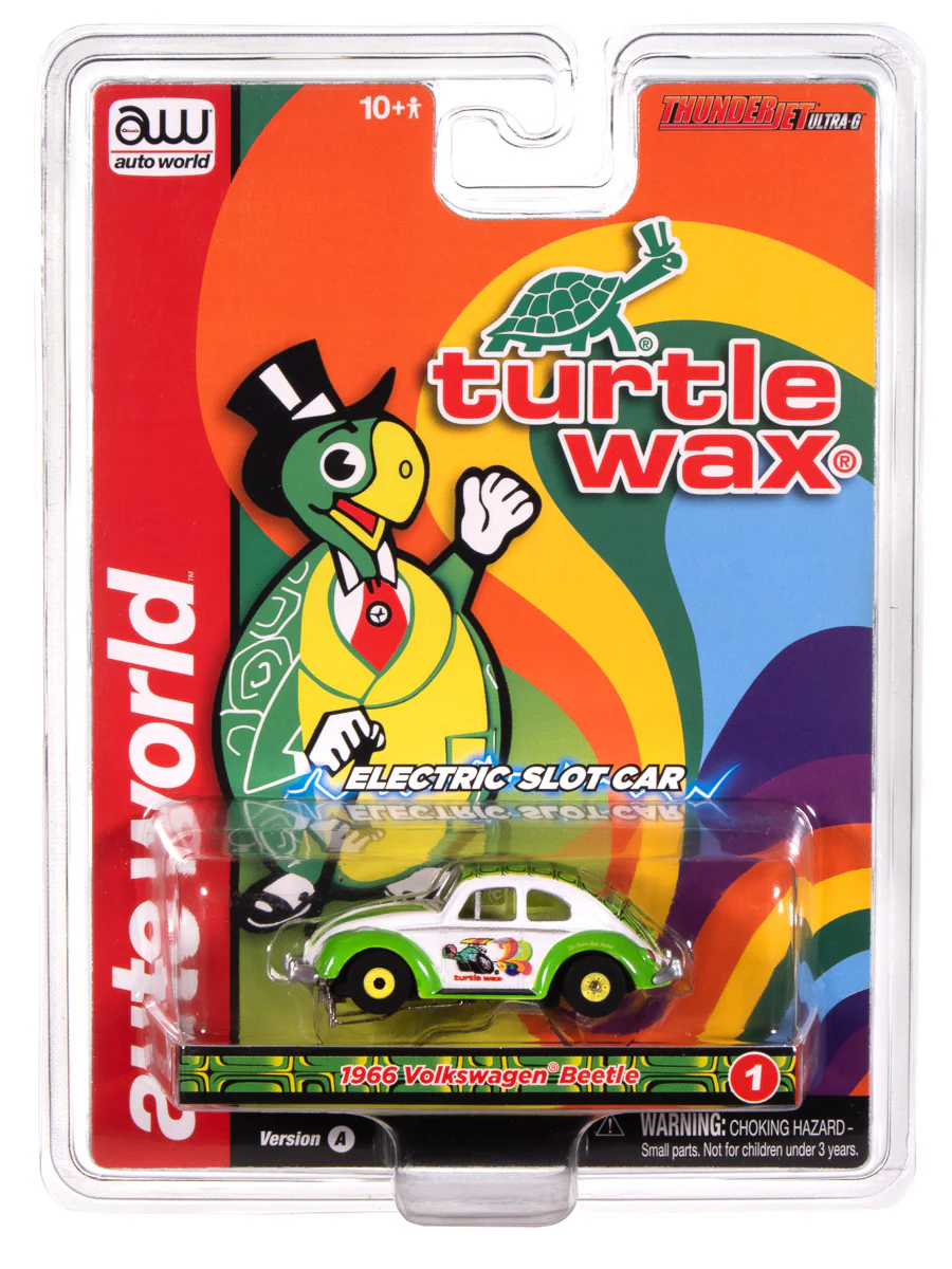 Auto World Thunderjet 1966 Volkswagen Beetle Turtle Wax (White & Green) HO Scale Slot Car