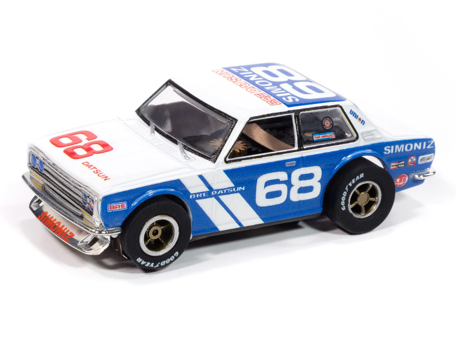 Auto World Xtraction 1972 BRE Datsun 510 Guest Car #68 (White & Blue) HO Scale Slot Car - Image 2