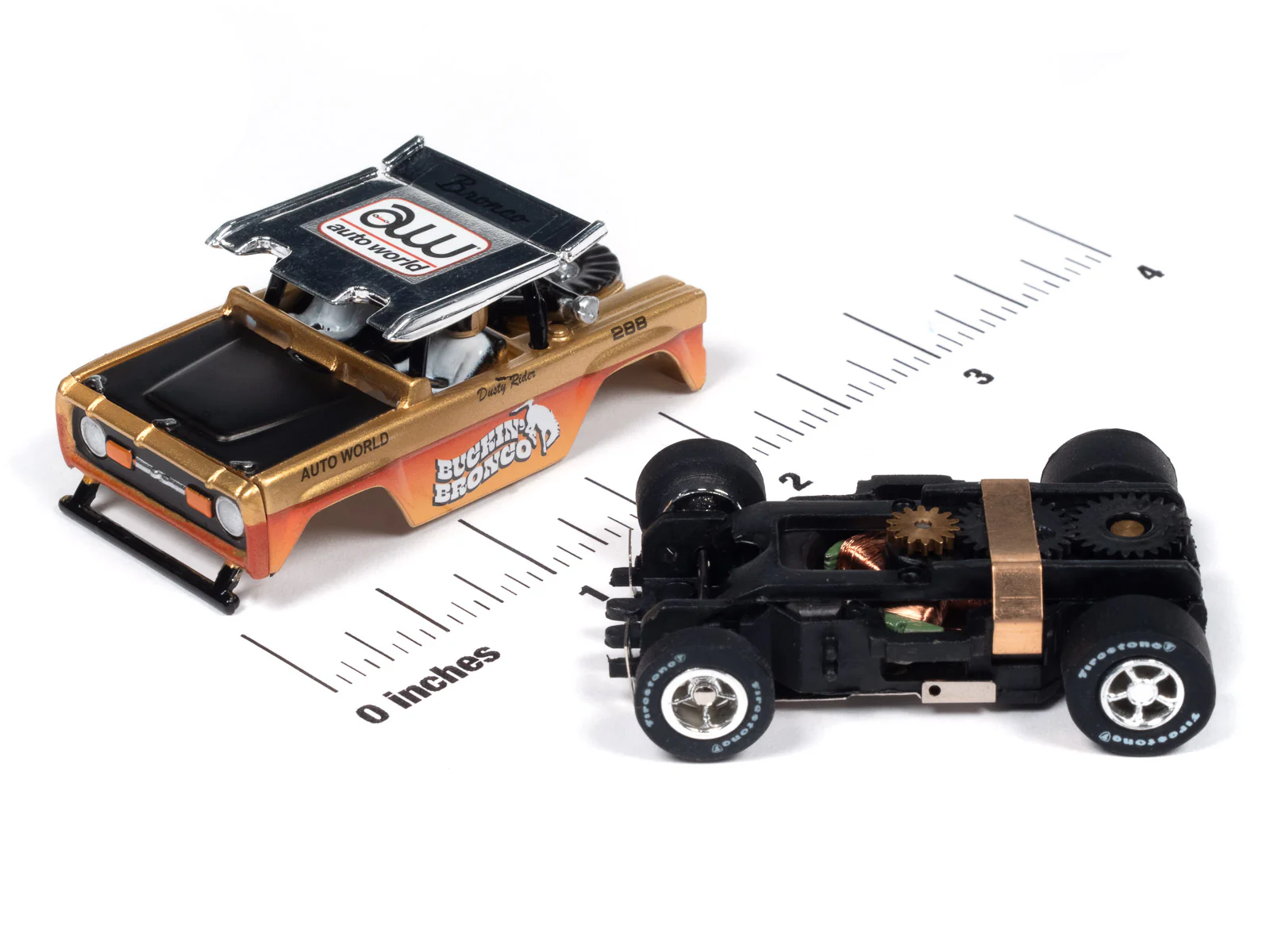 Auto World Xtraction 1972 Ford Baja Bronco - Gold w/ Orange Race Graphics HO Scale Slot Car - Image 4
