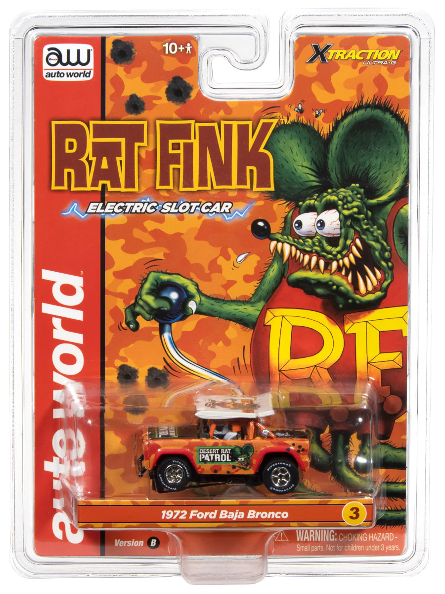 Auto World Xtraction 1972 Ford Baja Bronco Rat Fink (Orange) HO Scale Slot Car