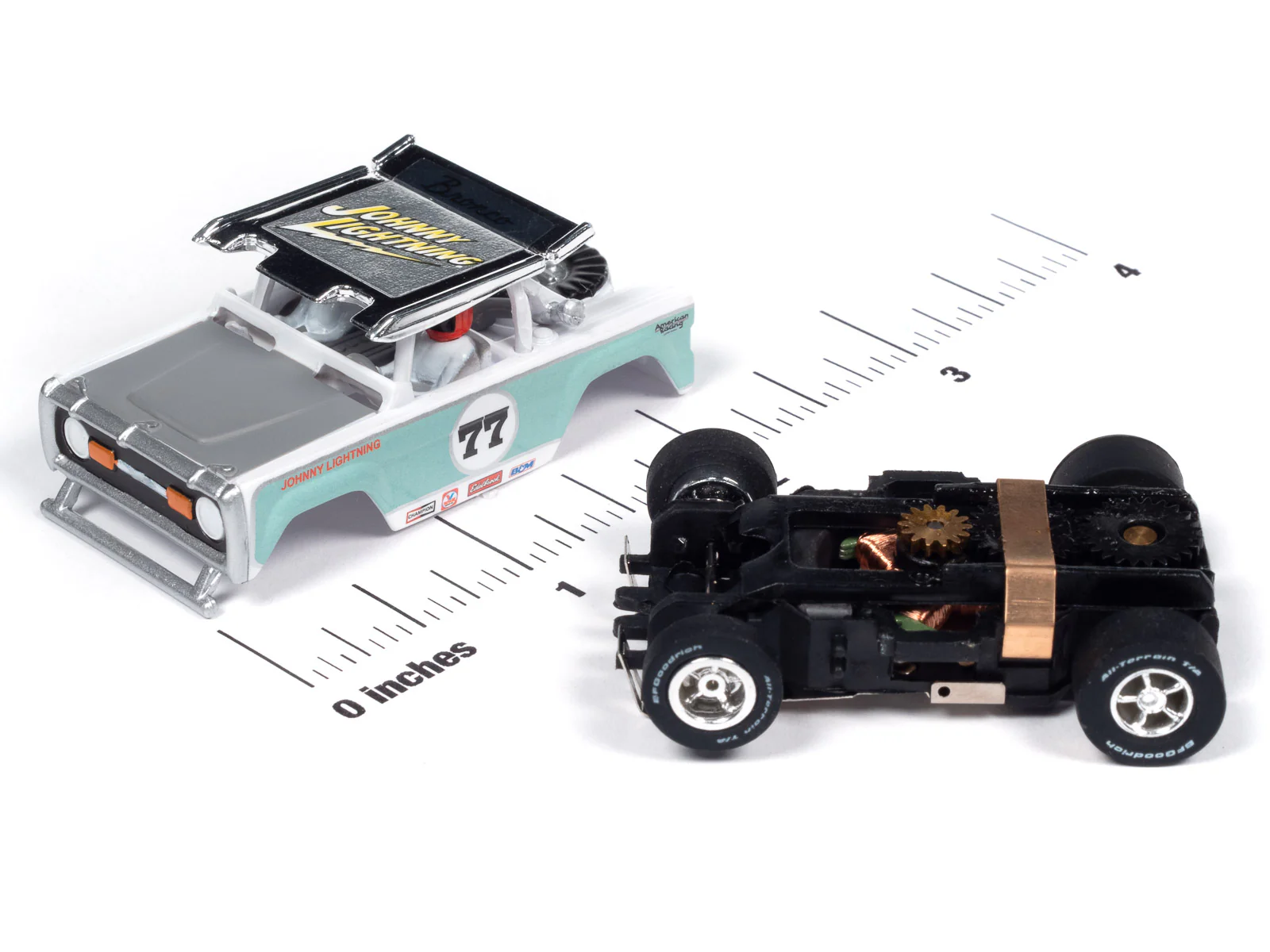 Auto World Xtraction 1972 Ford Baja Bronco - White w/ Light Teal Race Graphics HO Scale Slot Car - Image 3