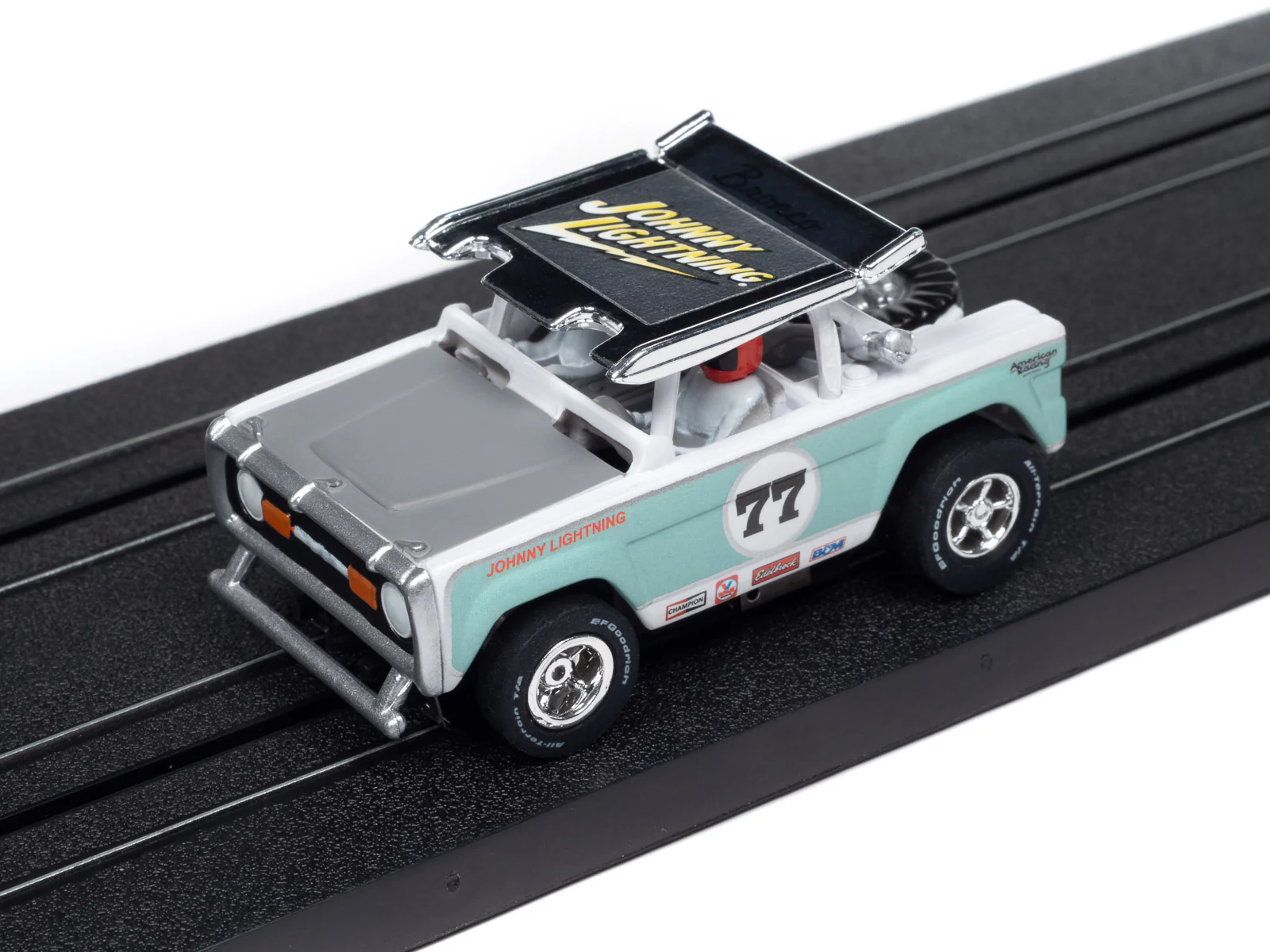Auto World Xtraction 1972 Ford Baja Bronco - White w/ Light Teal Race Graphics HO Scale Slot Car - Image 4