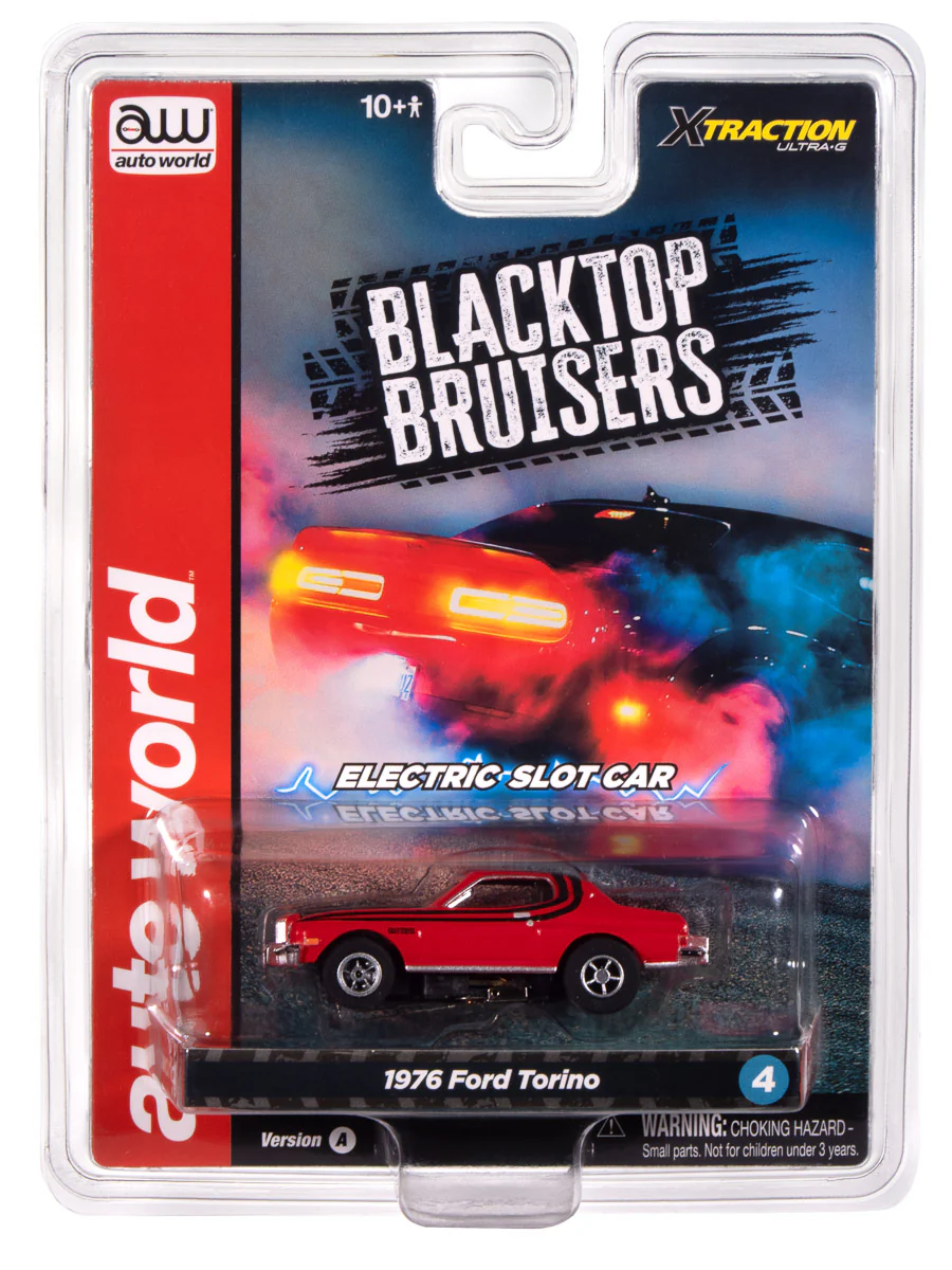 Auto World Xtraction 1976 Ford Torino Gloss (Red & Black Stripes) HO Scale Slot Car