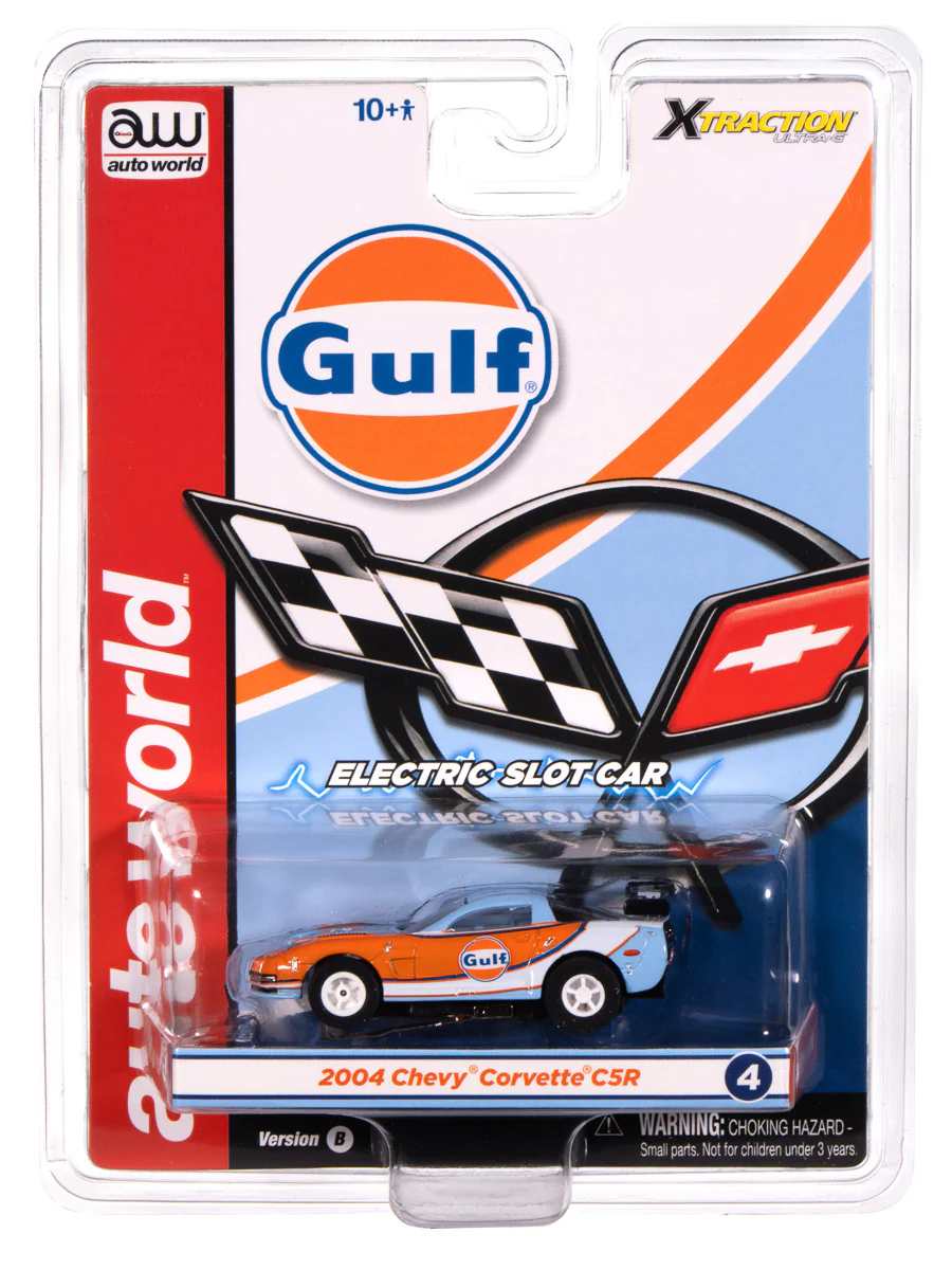Auto World Xtraction 2004 Chevy Corvette C5R (Gulf Orange & Blue Gulf livery) HO Scale Slot Car