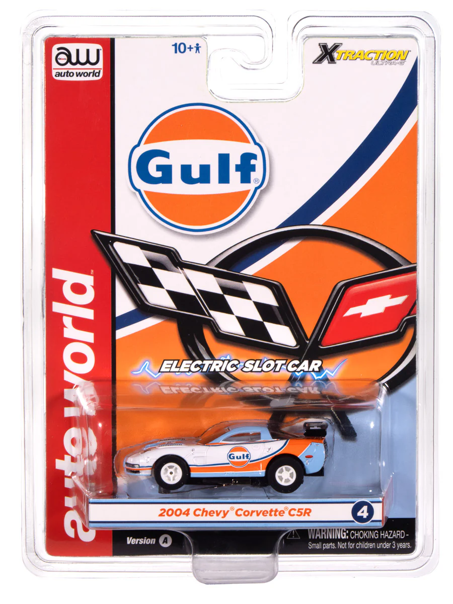 Auto World Xtraction 2004 Chevy Corvette C5R (Gulf White & Blue Gulf livery) HO Scale Slot Car