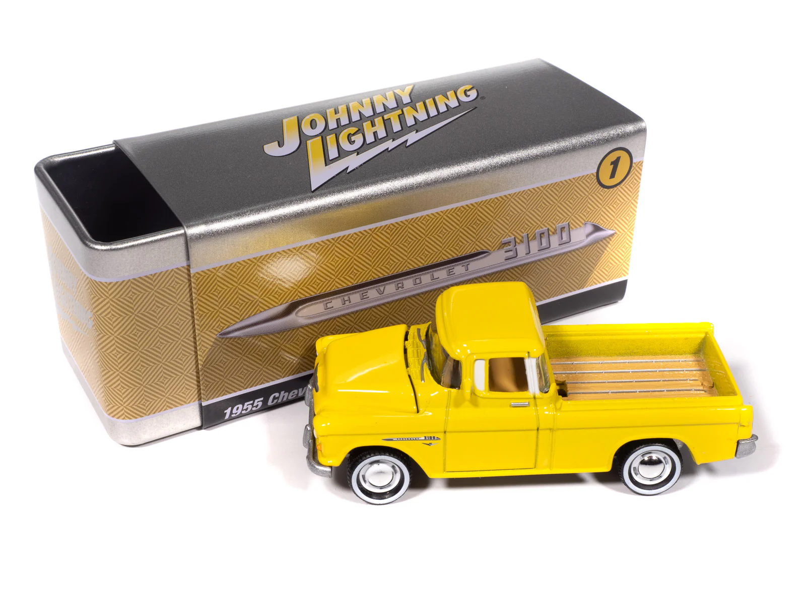 Johnny Lightning 1955 Chevy Cameo Pickup (Lemon Yellow) with Collector Tin 1:64 Diecast - Image 2