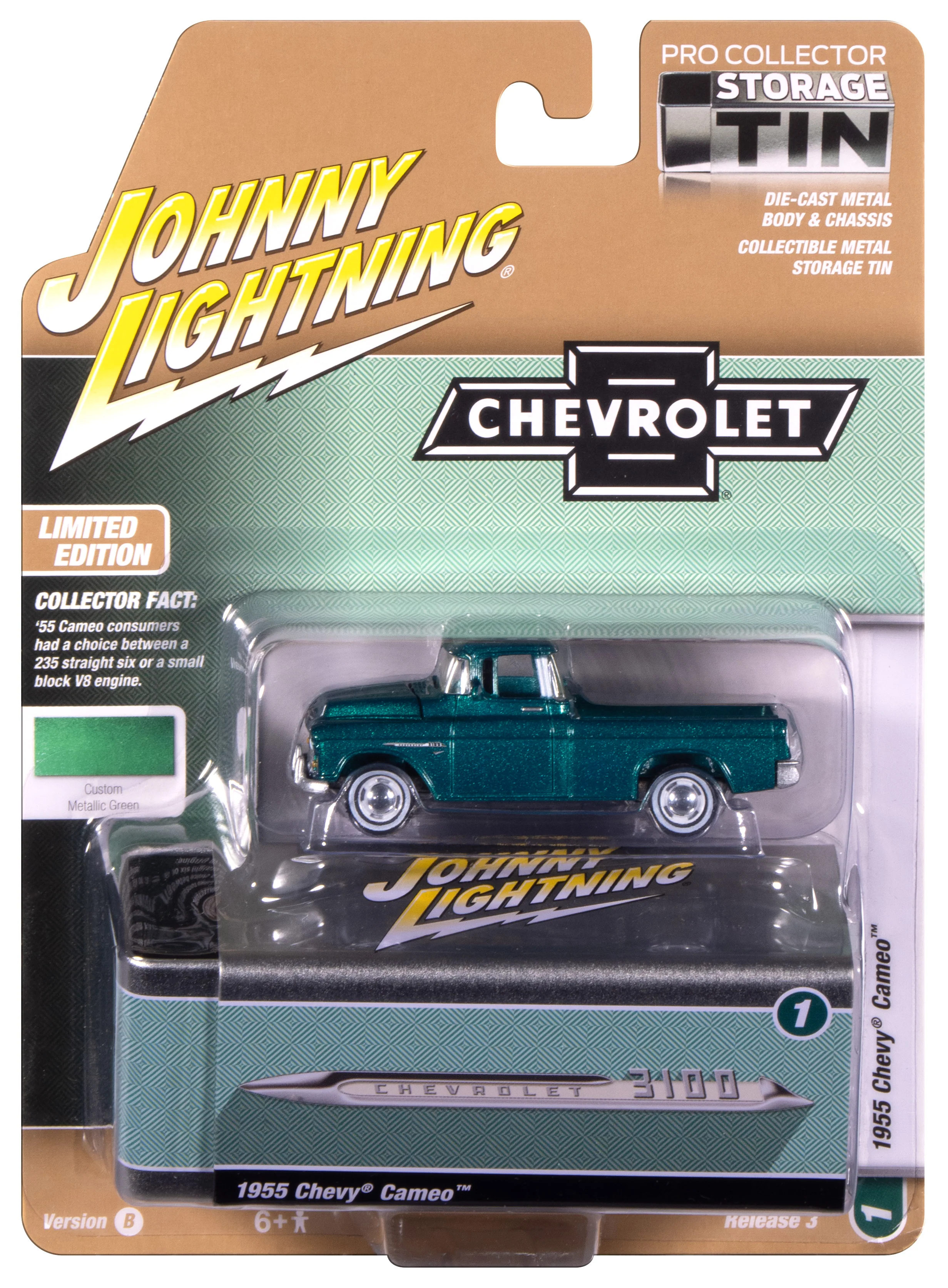 Johnny Lightning 1955 Chevy Cameo Pickup (Teal Pale Gold) with Collector Tin 1:64 Diecast