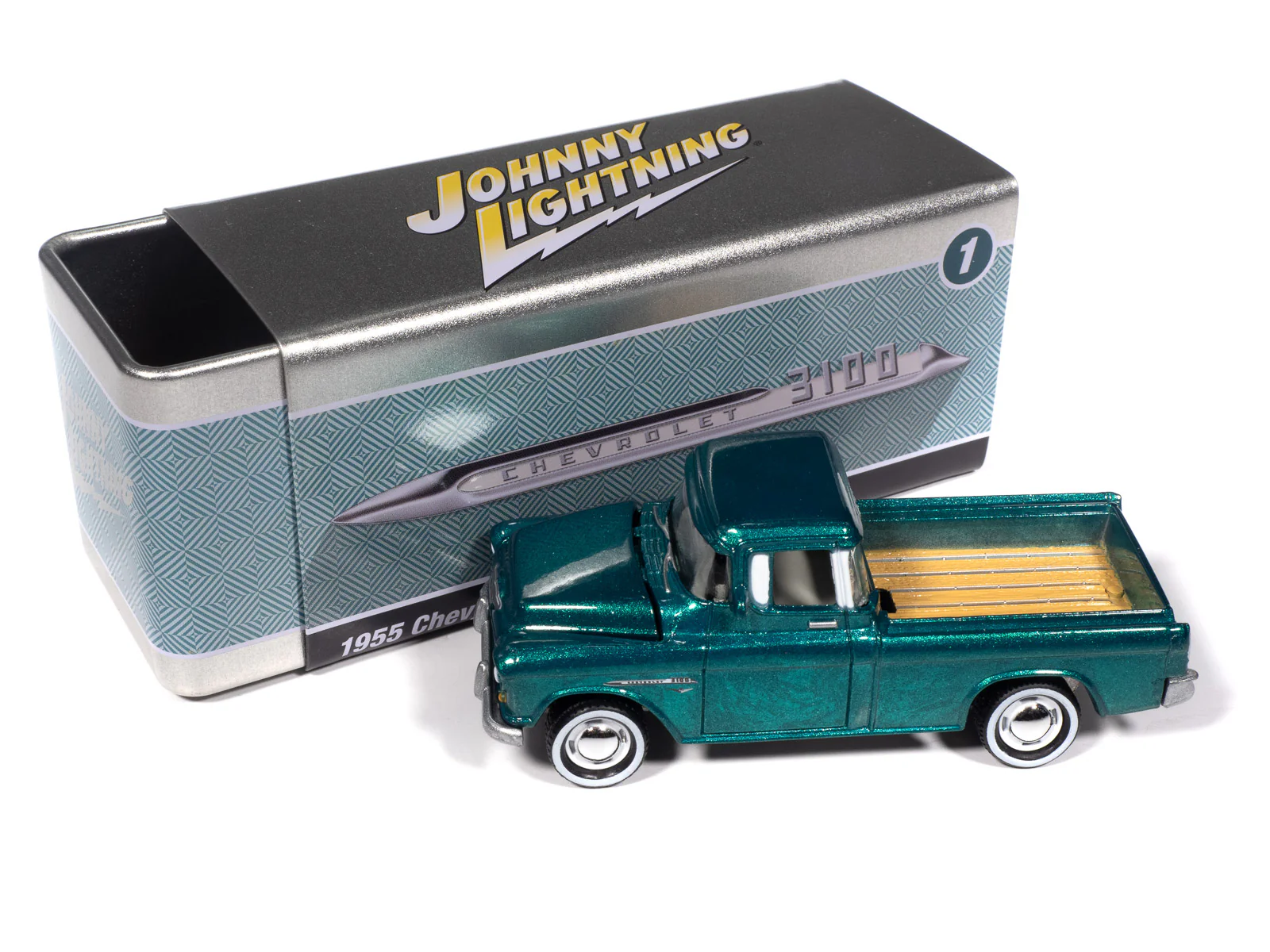 Johnny Lightning 1955 Chevy Cameo Pickup (Teal Pale Gold) with Collector Tin 1:64 Diecast - Image 2