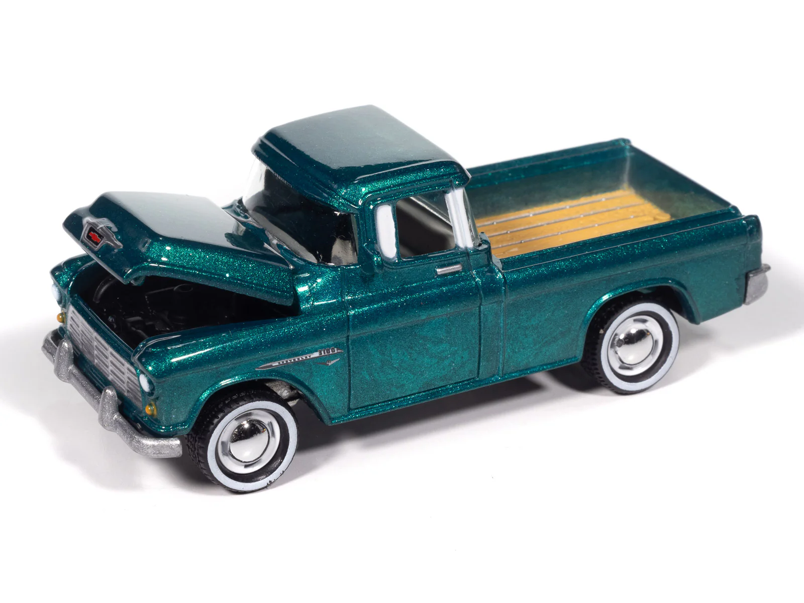 Johnny Lightning 1955 Chevy Cameo Pickup (Teal Pale Gold) with Collector Tin 1:64 Diecast - Image 4