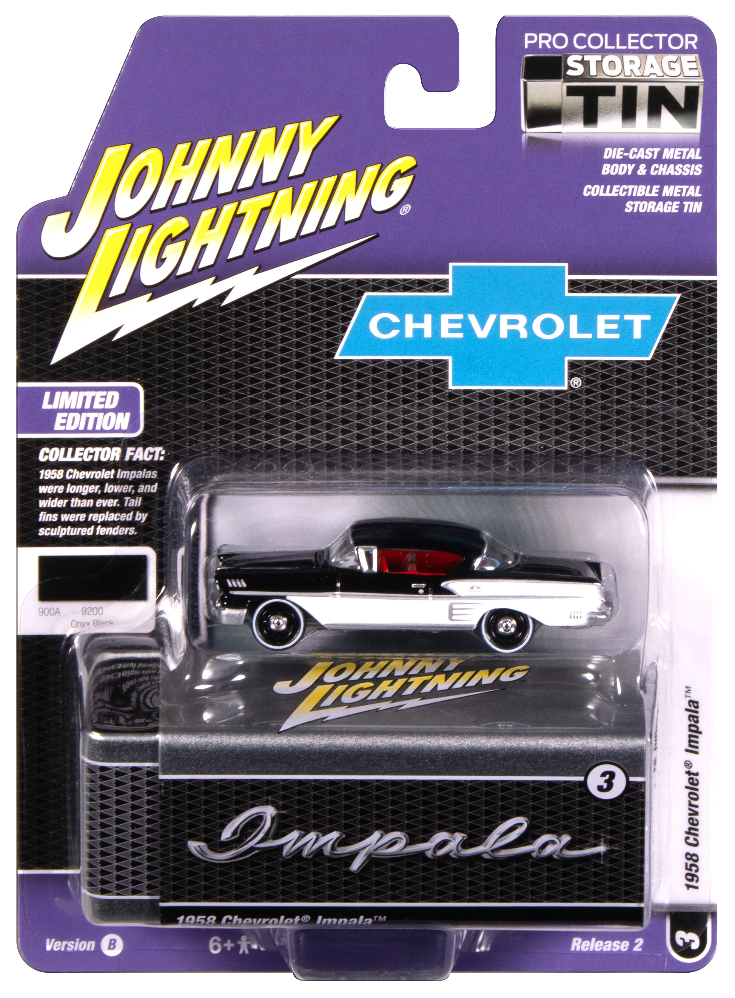 Johnny Lightning 1958 Chevy Impala (Onyx Black w/ White Sides) with Collector Tin 1:64 Diecast