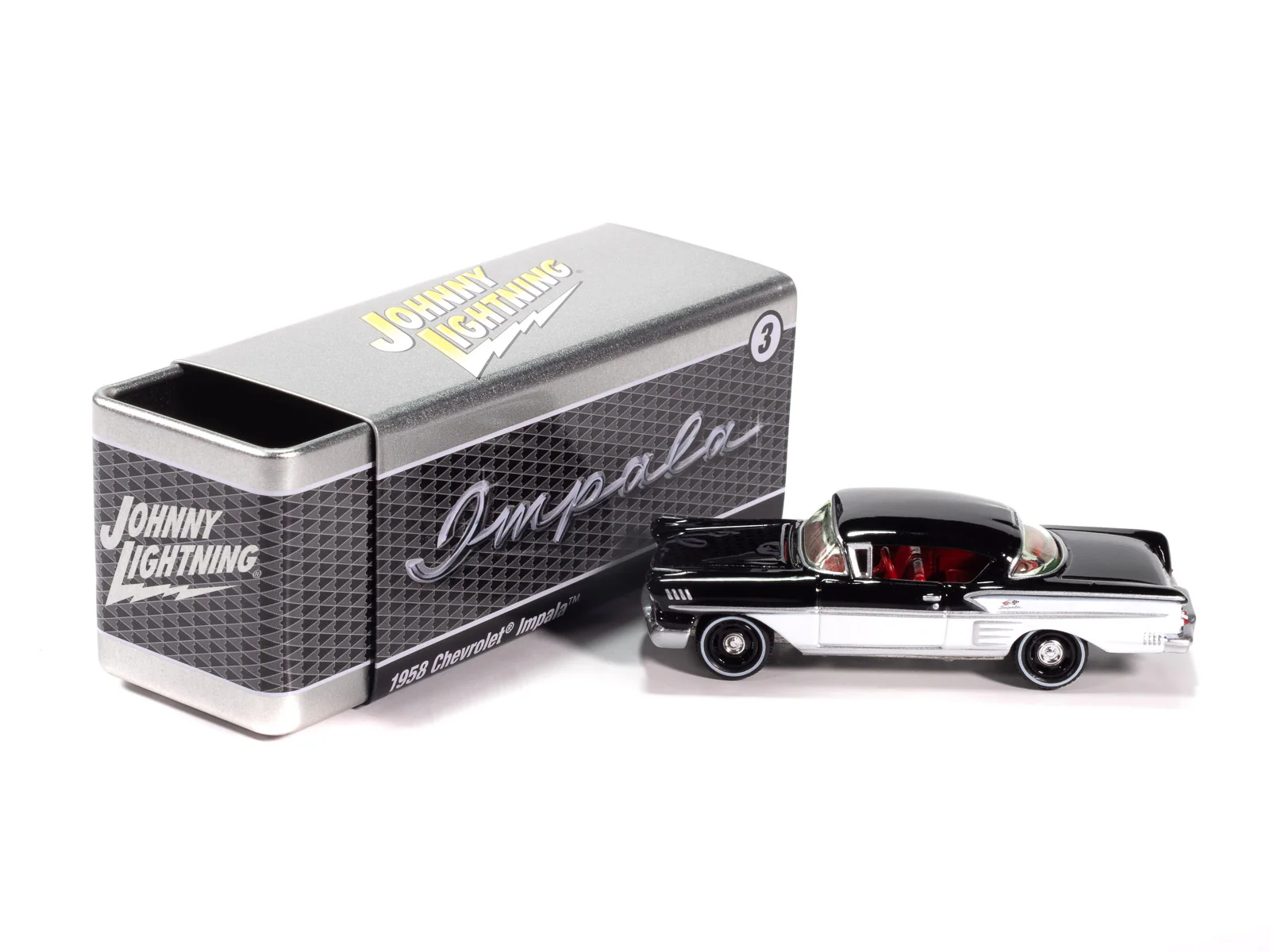Johnny Lightning 1958 Chevy Impala (Onyx Black w/ White Sides) with Collector Tin 1:64 Diecast - Image 4