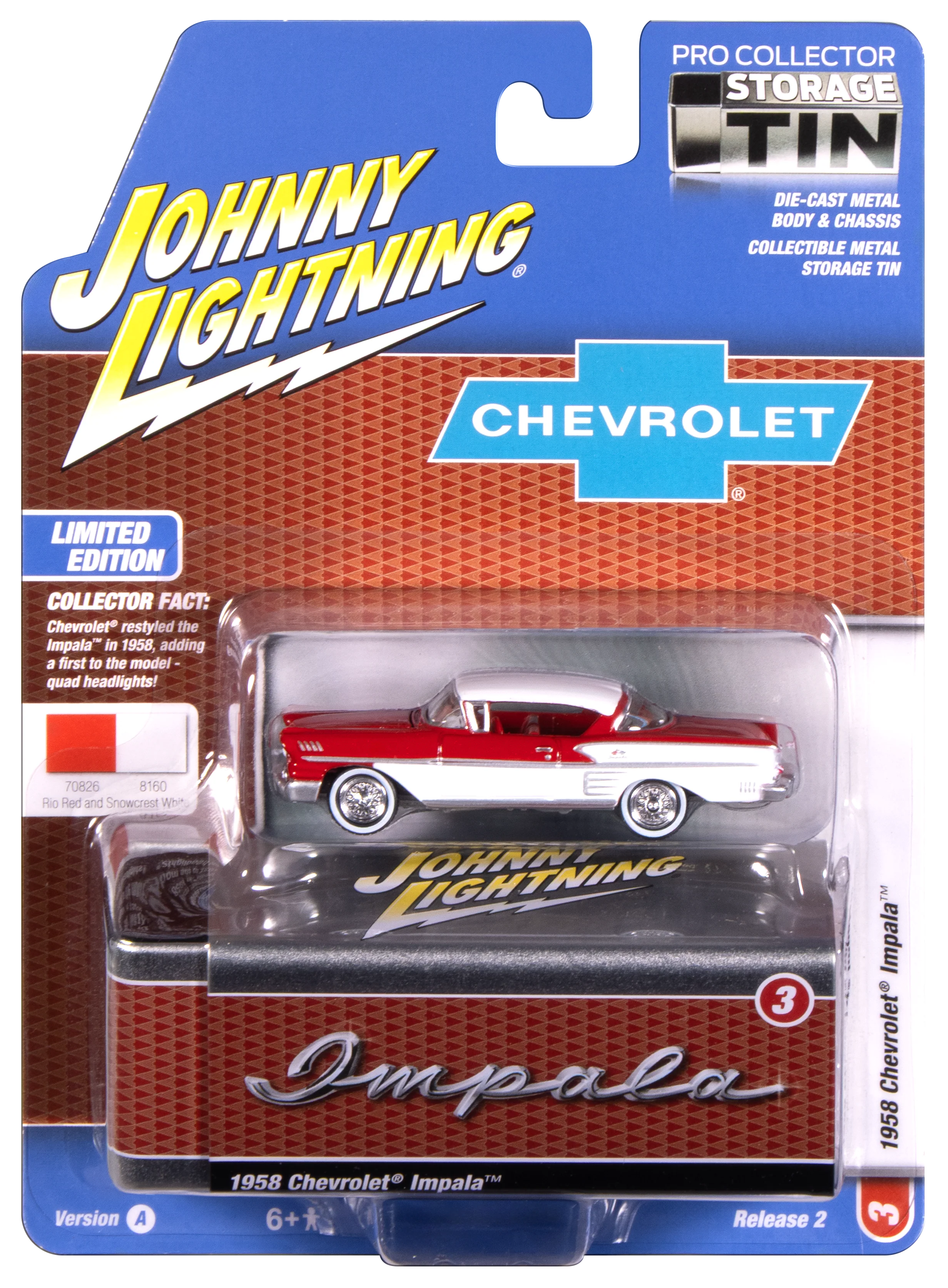 Johnny Lightning 1958 Chevy Impala (Rio Red w/ White Sides) with Collector Tin 1:64 Diecast