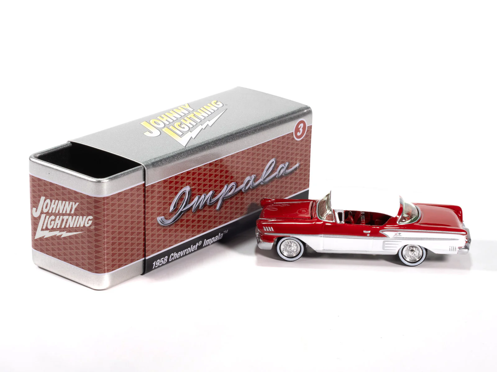 Johnny Lightning 1958 Chevy Impala (Rio Red w/ White Sides) with Collector Tin 1:64 Diecast - Image 4