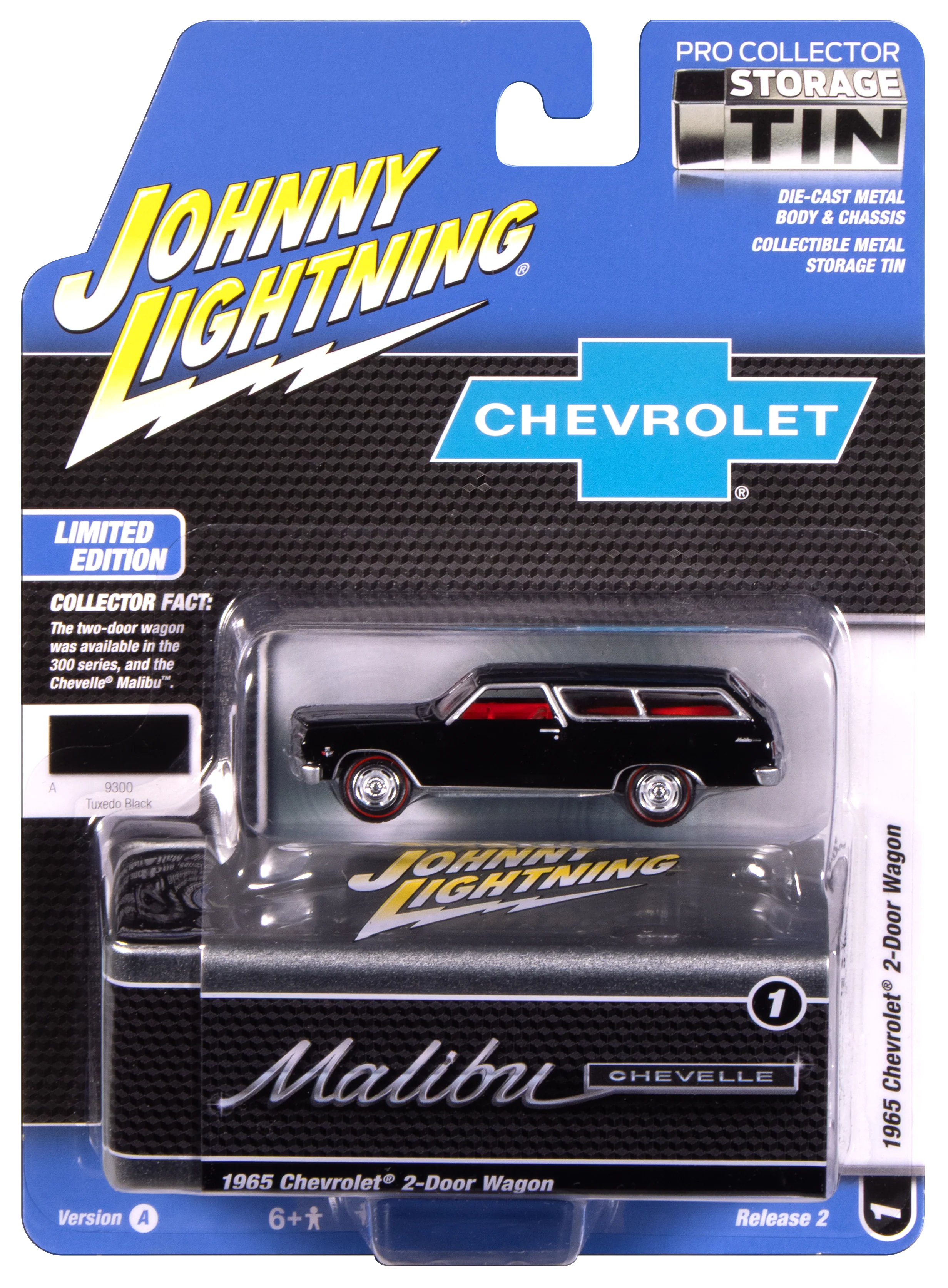 Johnny Lightning 1965 Chevy 2-Door Wagon (Black) with Collector Tin 1:64 Diecast