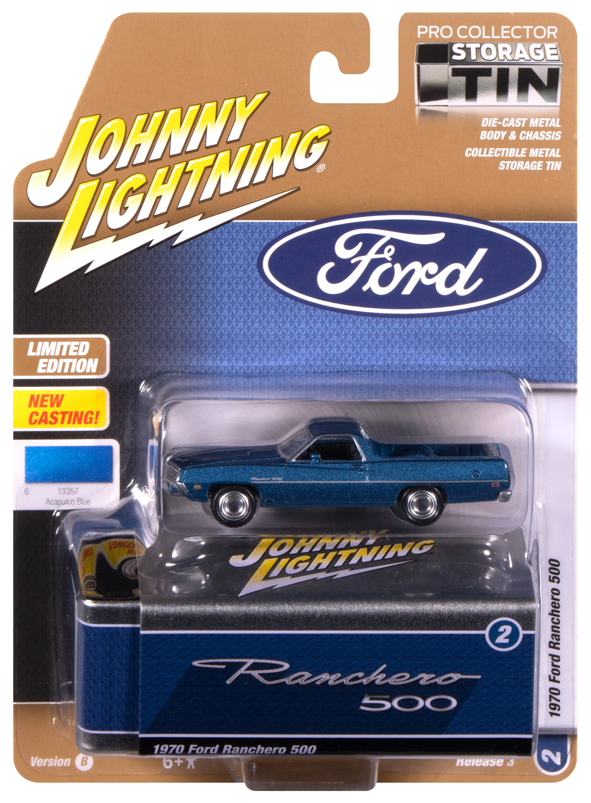 Johnny Lightning 1970 Ford Ranchero 500 (Acapulco Blue) with Collector Tin 1:64 Diecast