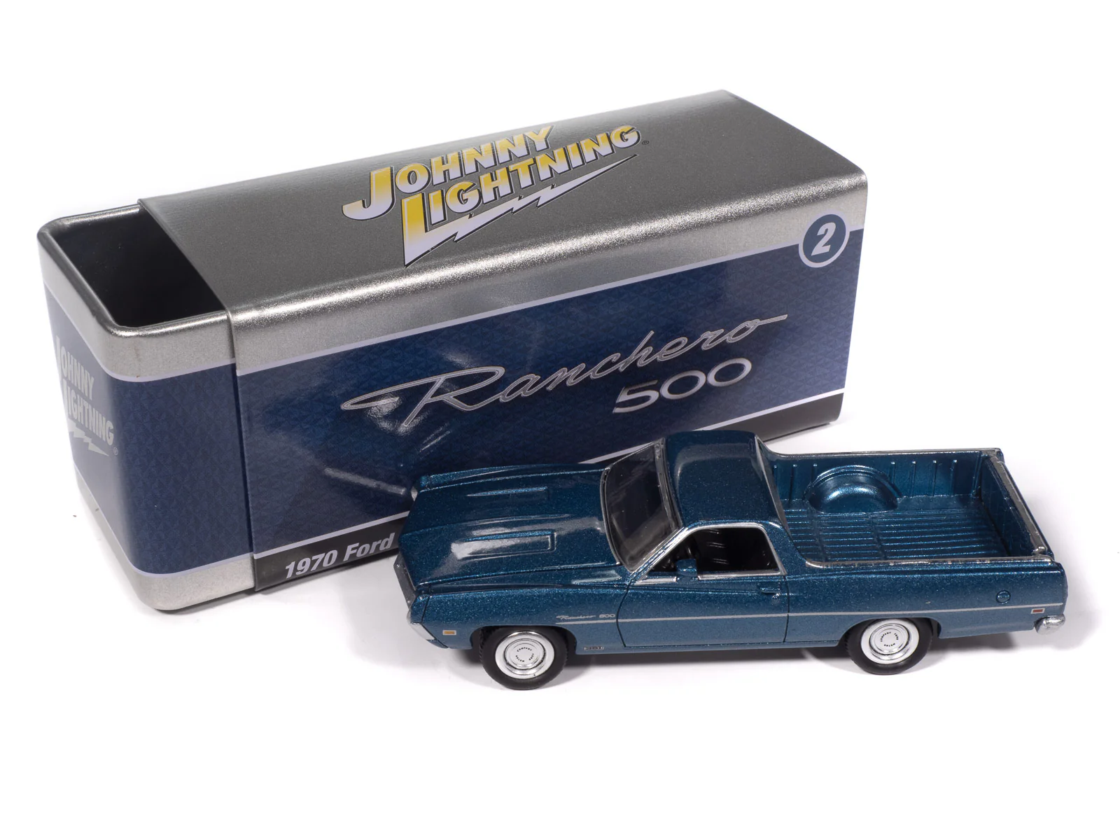 Johnny Lightning 1970 Ford Ranchero 500 (Acapulco Blue) with Collector Tin 1:64 Diecast - Image 2