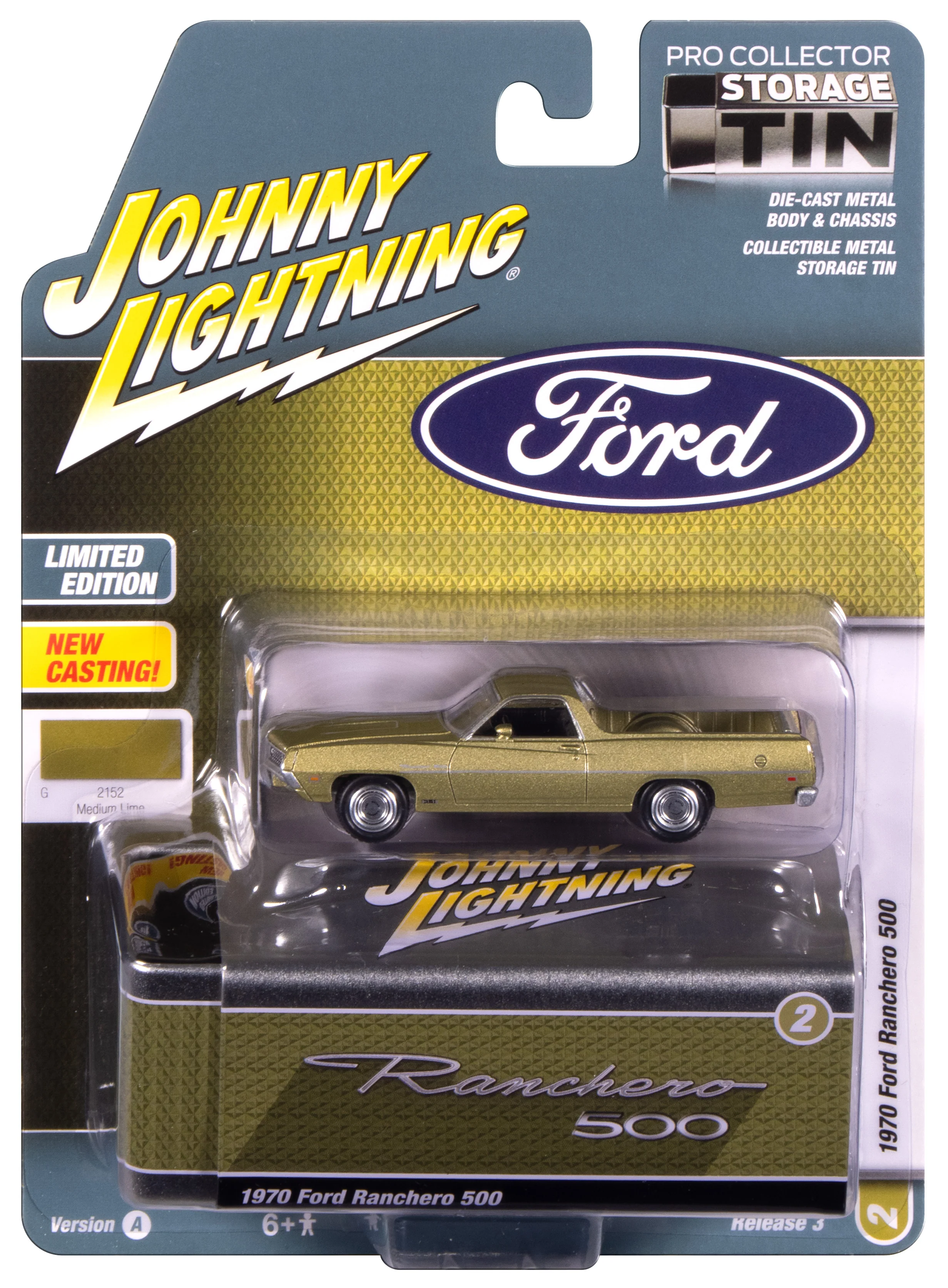 Johnny Lightning 1970 Ford Ranchero 500 (Medium Lime Poly) with Collector Tin 1:64 Diecast