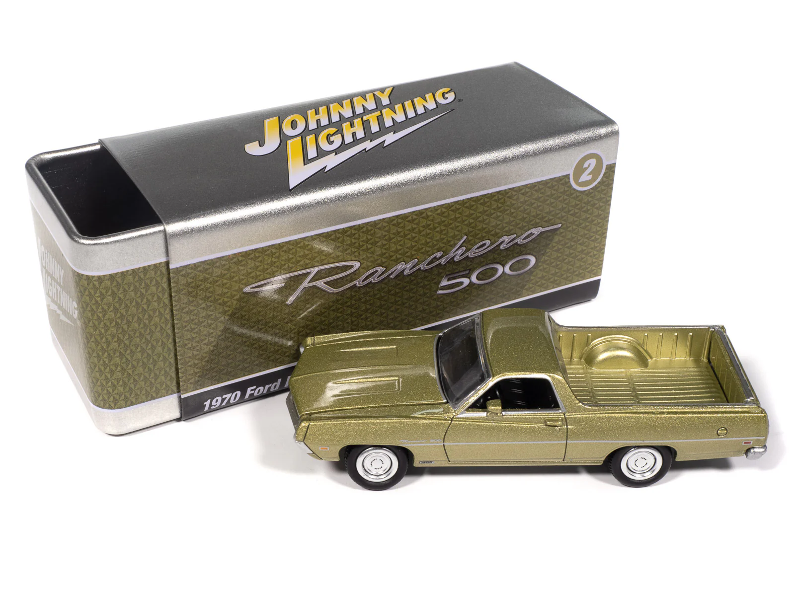 Johnny Lightning 1970 Ford Ranchero 500 (Medium Lime Poly) with Collector Tin 1:64 Diecast - Image 2
