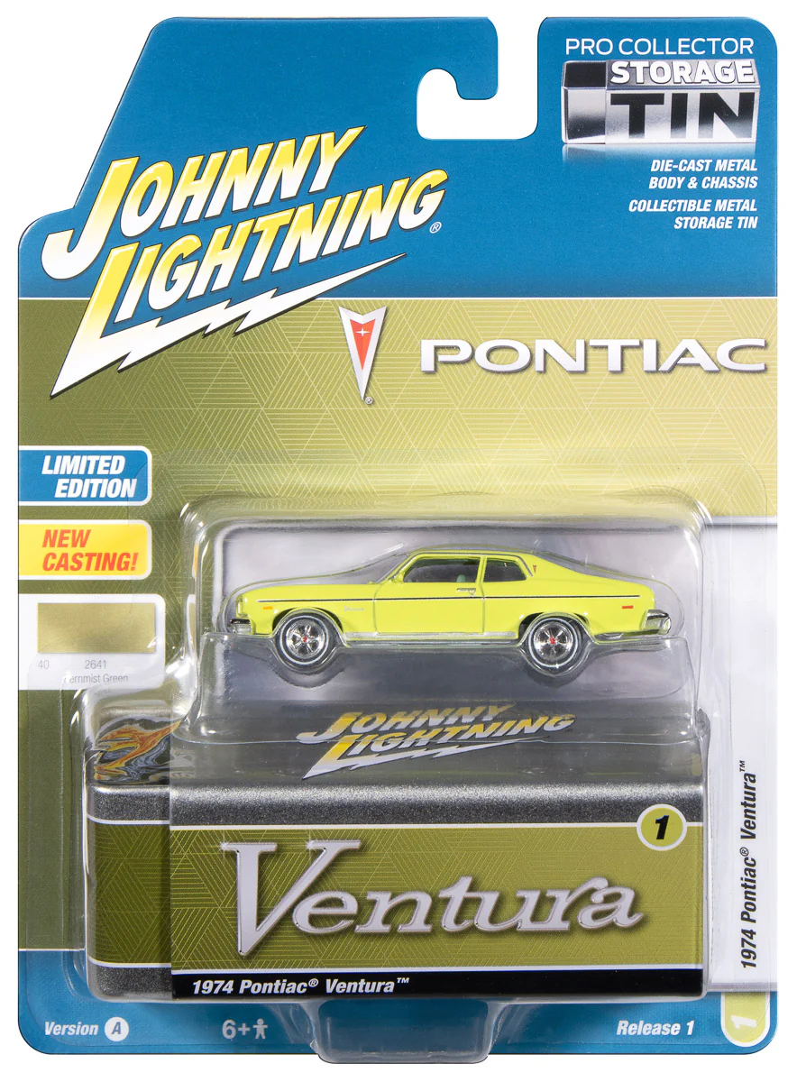 Johnny Lightning 1974 Pontiac Ventura NEW TOOL (Fernmist Green) with Collector Tin 1:64 Diecast