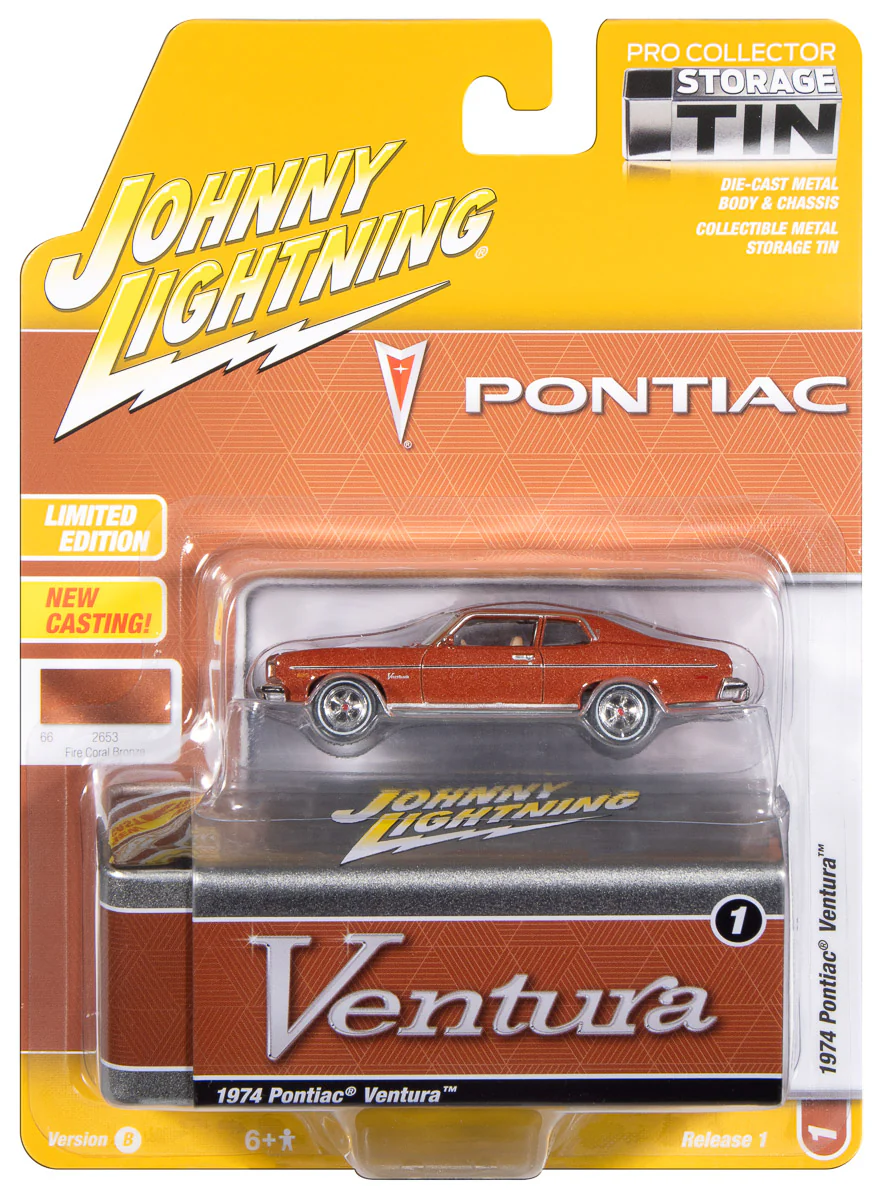 Johnny Lightning 1974 Pontiac Ventura NEW TOOL (Fire Coral Bronze) with Collector Tin 1:64 Diecast