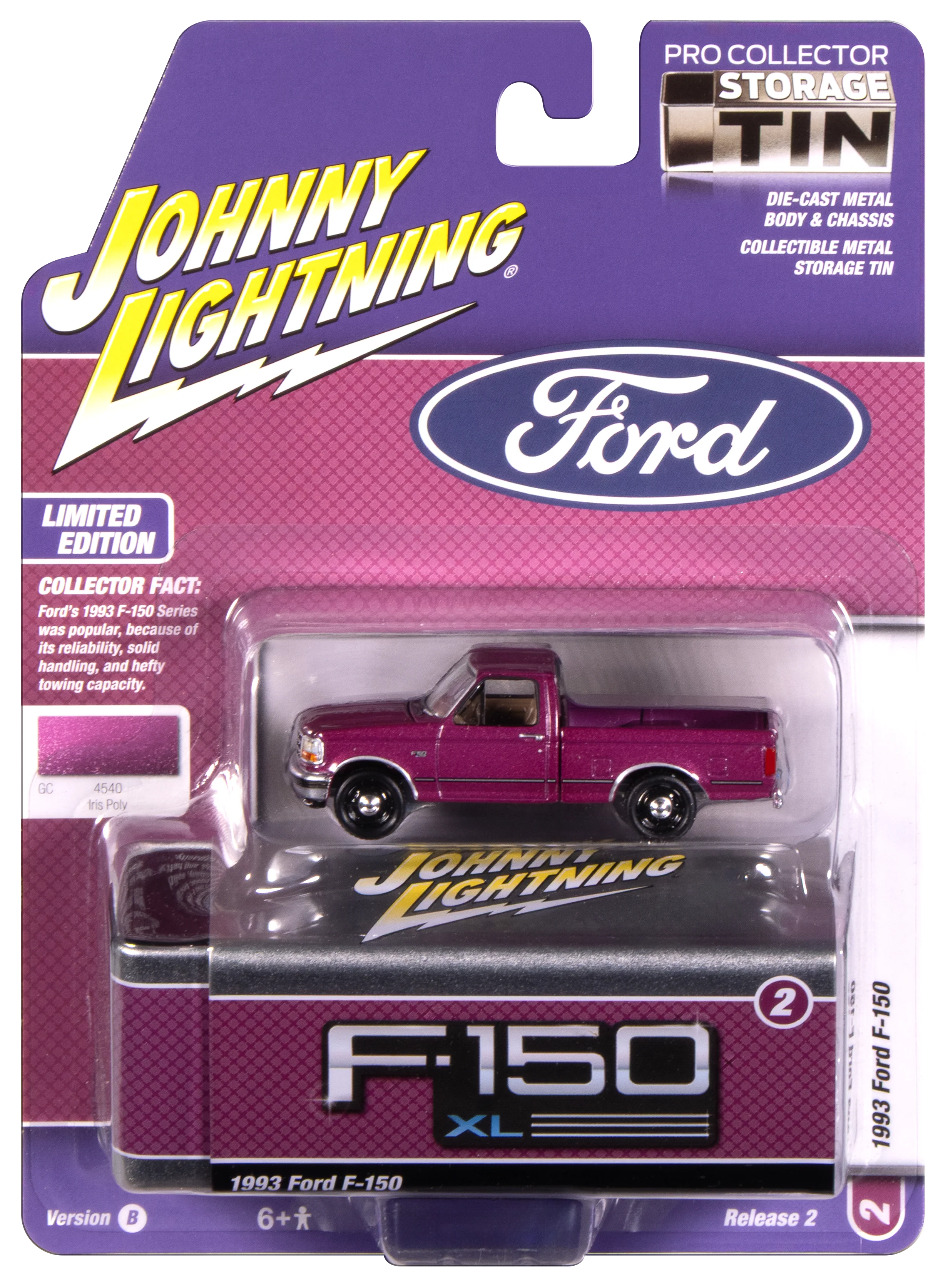 Johnny Lightning 1993 Ford F-150 (Iris Poly) with Collector Tin 1:64 Diecast