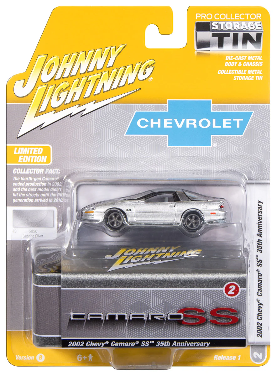 Johnny Lightning 2002 Chevy Camaro SS 35th Anniversary (Silver w/Black Stripes) with Collector Tin 1:64 Diecast