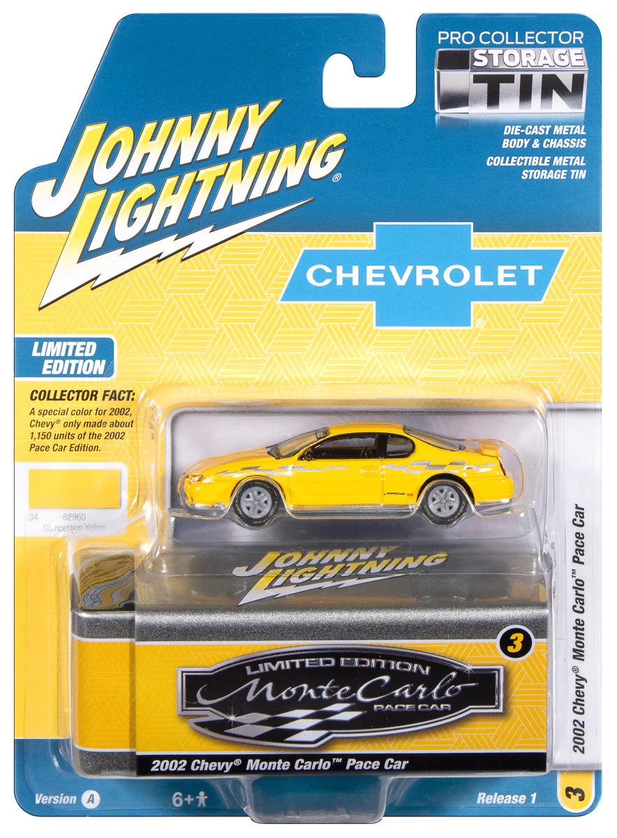 Johnny Lightning 2003 Chevy Monte Carlo Pace Edition ("Competition Yellow w/Silver Graphics") with Collector Tin 1:64 Diecast