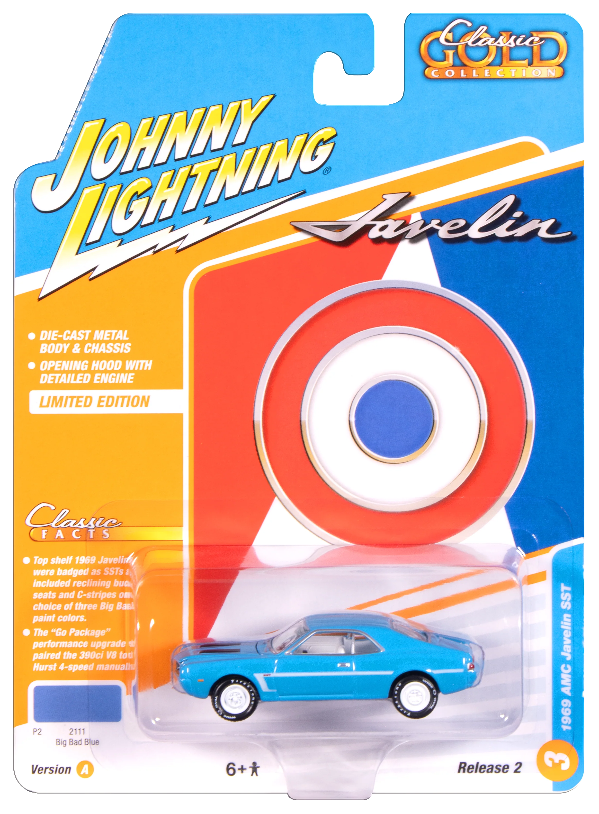 Johnny Lightning Classic Gold 1969 AMC Javelin (Big Bad Blue w/ White C Stripe) 1:64 Scale Diecast