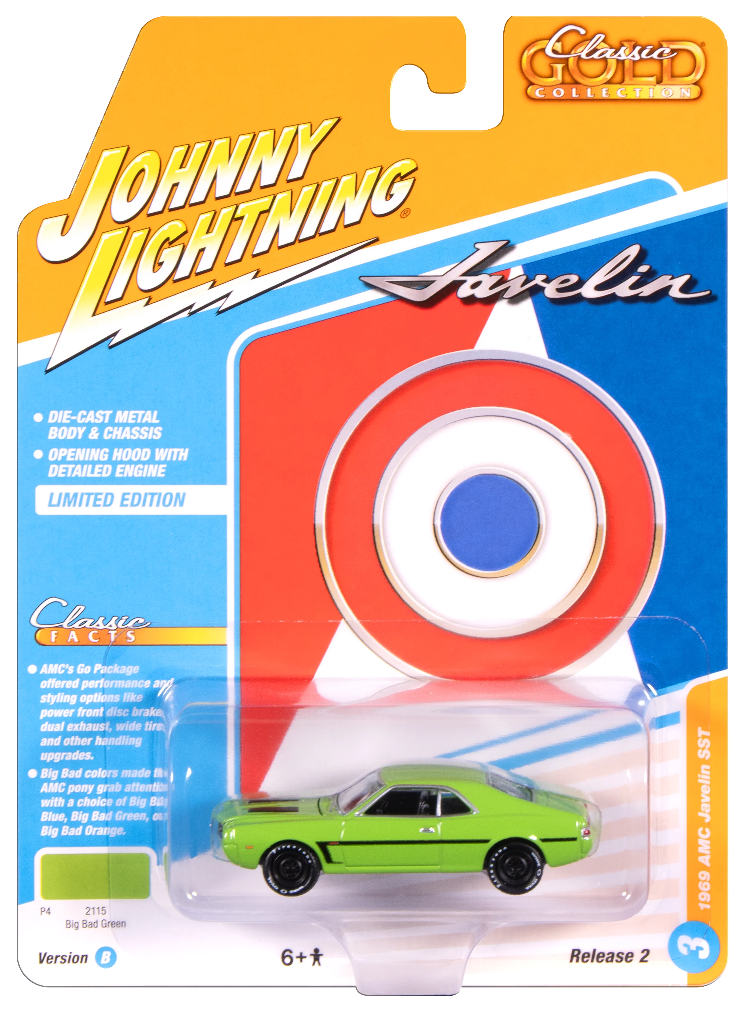Johnny Lightning Classic Gold 1969 AMC Javelin (Big Bad Green w/ White C Stripe) 1:64 Scale Diecast