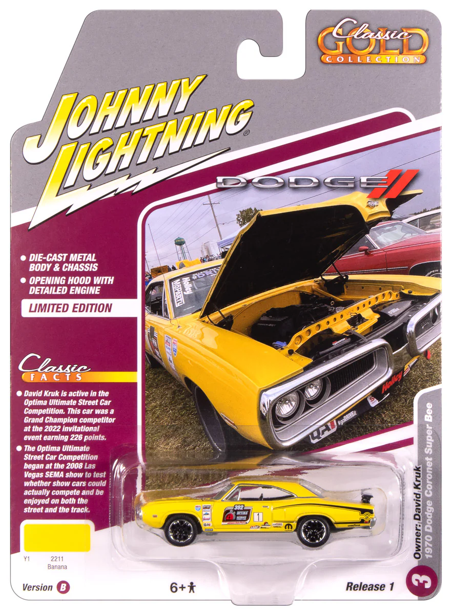 Johnny Lightning Classic Gold 1970 Dodge Super Bee (Banana w/Optima Ultimate Street Car Race Graphics & Black) 1:64 Scale Diecast