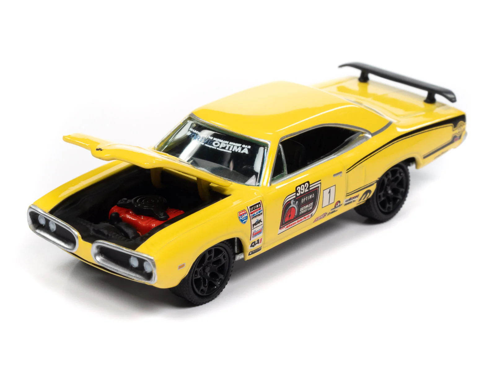 Johnny Lightning Classic Gold 1970 Dodge Super Bee (Banana w/Optima Ultimate Street Car Race Graphics & Black) 1:64 Scale Diecast - Image 3