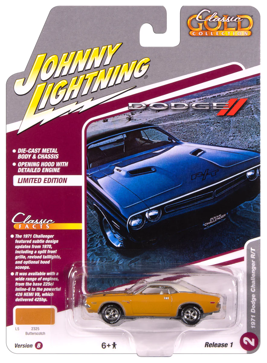 Johnny Lightning Classic Gold 1971 Dodge Challenger R/T (Butterscotch w/White Top) 1:64 Scale Diecast