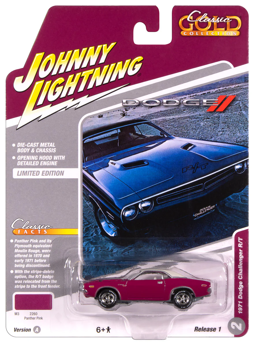 Johnny Lightning Classic Gold 1971 Dodge Challenger R/T (Panther Pink w/White Top) 1:64 Scale Diecast
