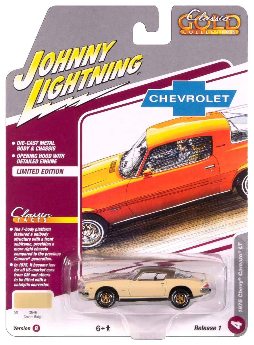 Johnny Lightning Classic Gold 1975 Chevy Camaro (Cream Beige w/Brown Roof) 1:64 Scale Diecast