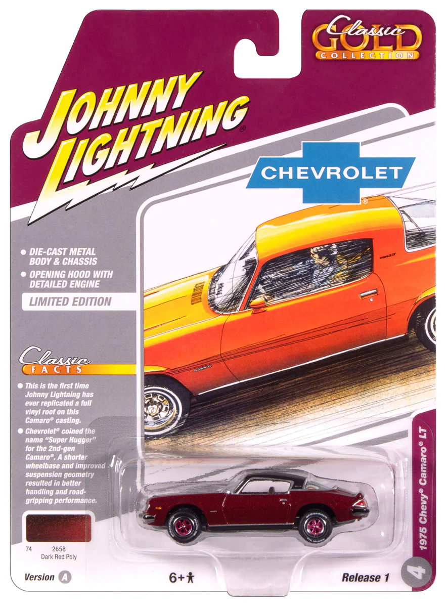 Johnny Lightning Classic Gold 1975 Chevy Camaro (Dark Red Poly w/Flat Black Roof) 1:64 Scale Diecast