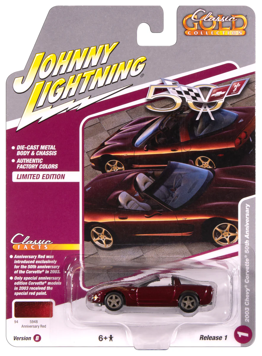 Johnny Lightning Classic Gold 2003 Chevy Corvette 50th Anniversary (Anniversary Red) 1:64 Scale Diecast