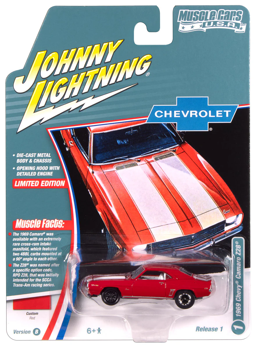 Johnny Lightning Muscle Cars 1969 Chevy Camaro Z28 (Red with White Stripes) 1:64 Scale Diecast