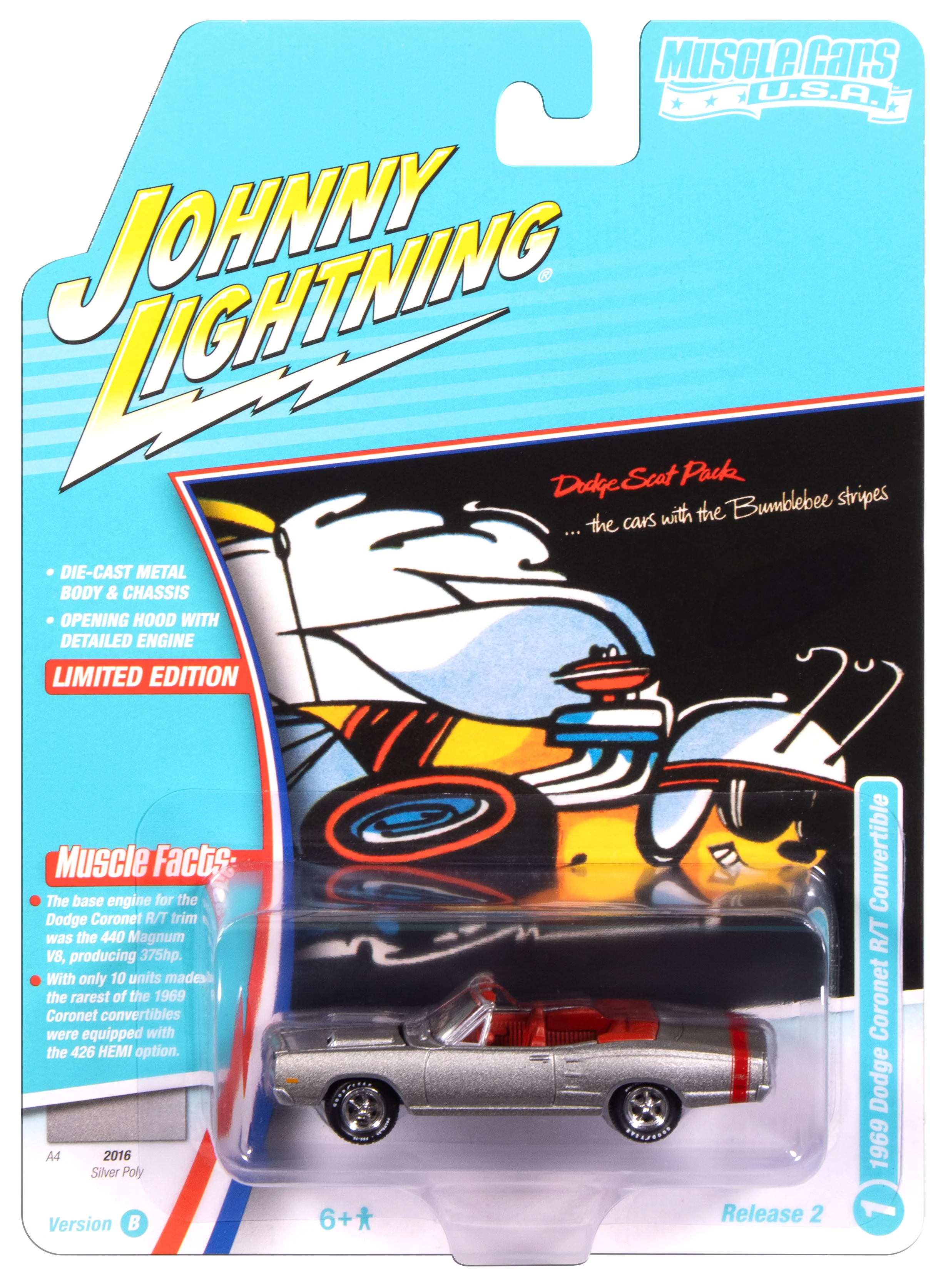 Johnny Lightning Muscle Cars 1969 Dodge Coronet R/T Convertible (A4 Silver) 1:64 Scale Diecast