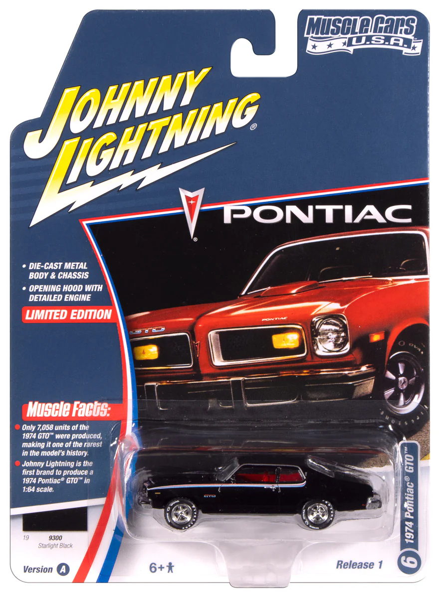 Johnny Lightning Muscle Cars 1974 Pontiac GTO (Gloss Black w/GTO RWB Stripes) 1:64 Scale Diecast