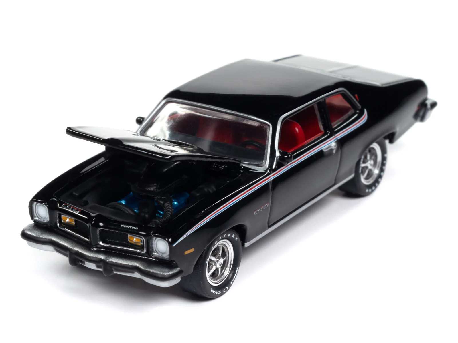 Johnny Lightning Muscle Cars 1974 Pontiac GTO (Gloss Black w/GTO RWB Stripes) 1:64 Scale Diecast - Image 3
