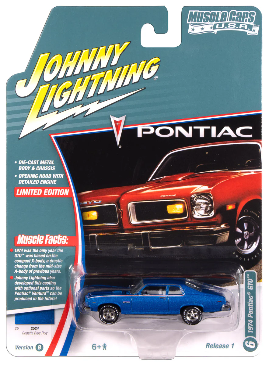 Johnny Lightning Muscle Cars 1974 Pontiac GTO (Regatta Blue Poly w/RWB Stripes) 1:64 Scale Diecast