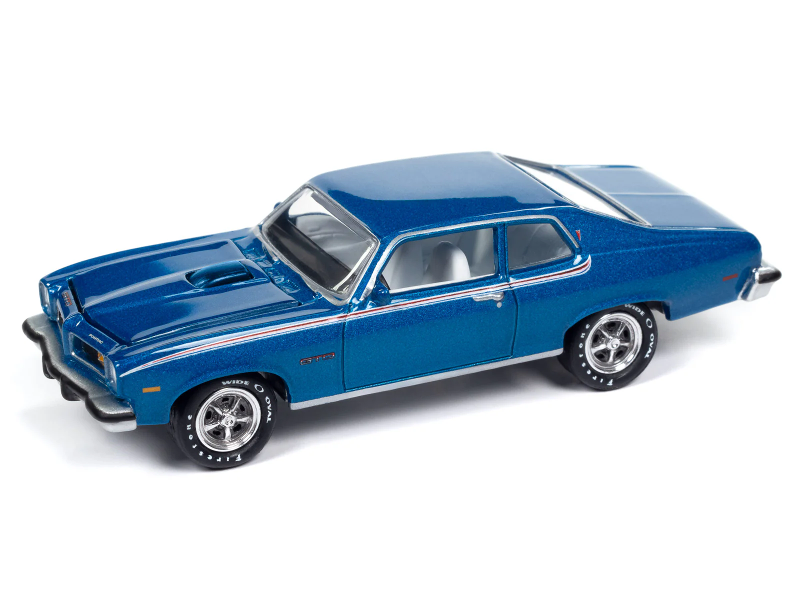 Johnny Lightning Muscle Cars 1974 Pontiac GTO (Regatta Blue Poly w/RWB Stripes) 1:64 Scale Diecast - Image 2