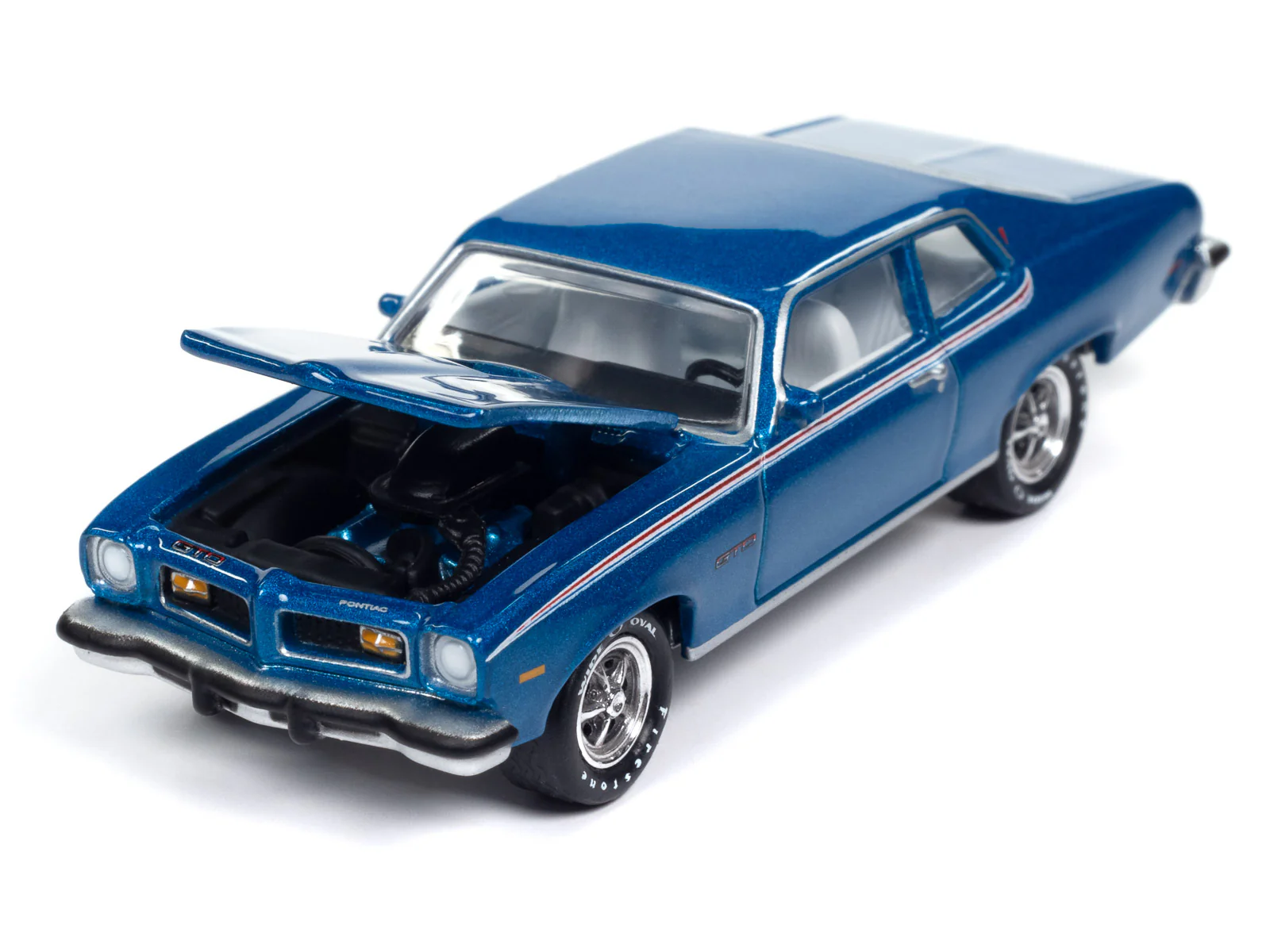 Johnny Lightning Muscle Cars 1974 Pontiac GTO (Regatta Blue Poly w/RWB Stripes) 1:64 Scale Diecast - Image 3